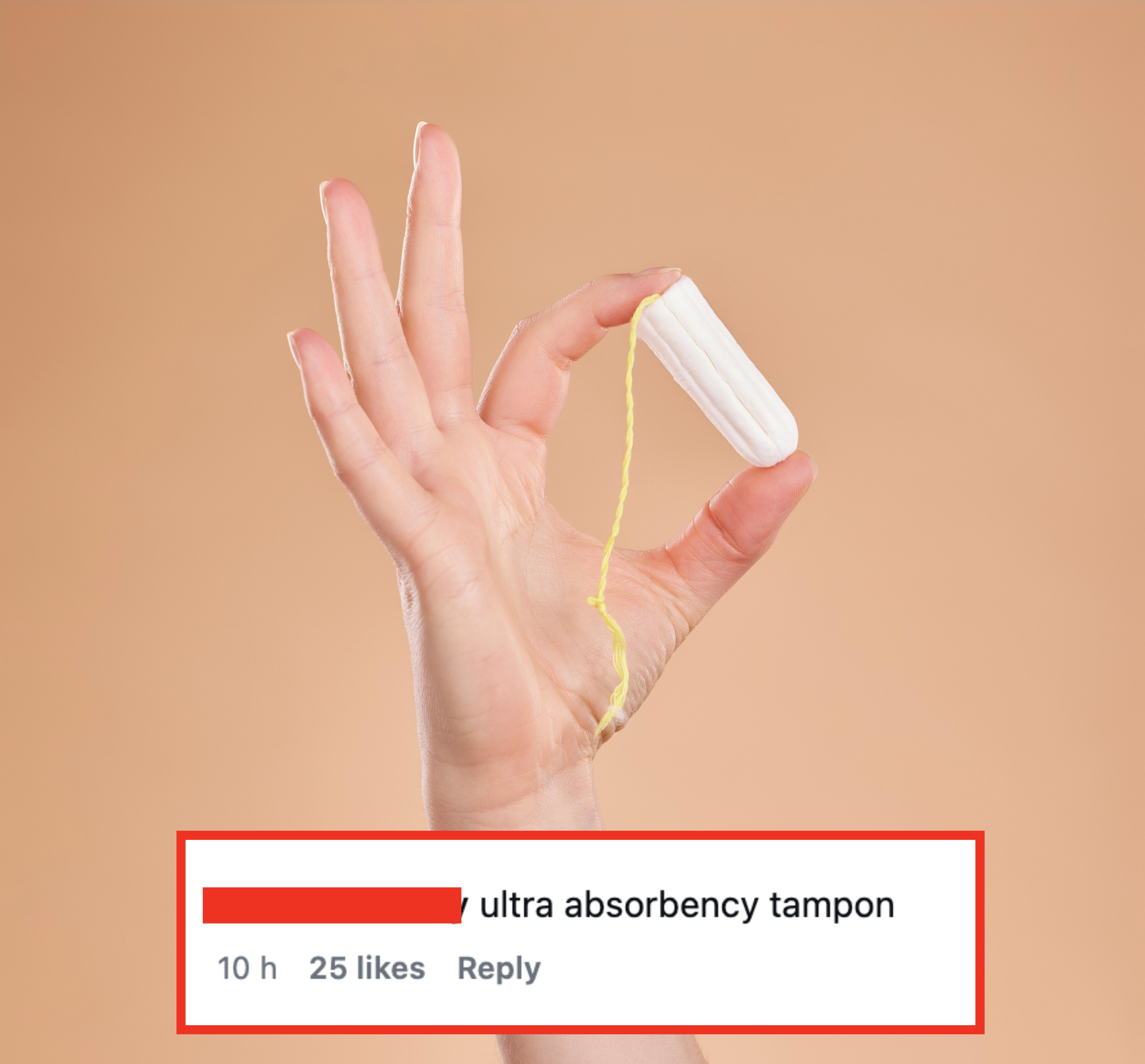 Hand holding an unused tampon with a yellowish  drawstring  against a plain background