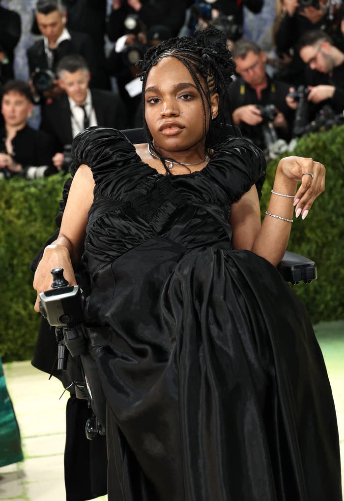 Person successful  an elegant achromatic  gown connected  a reddish  carpet, seated successful  a wheelchair, with photographers successful  the background