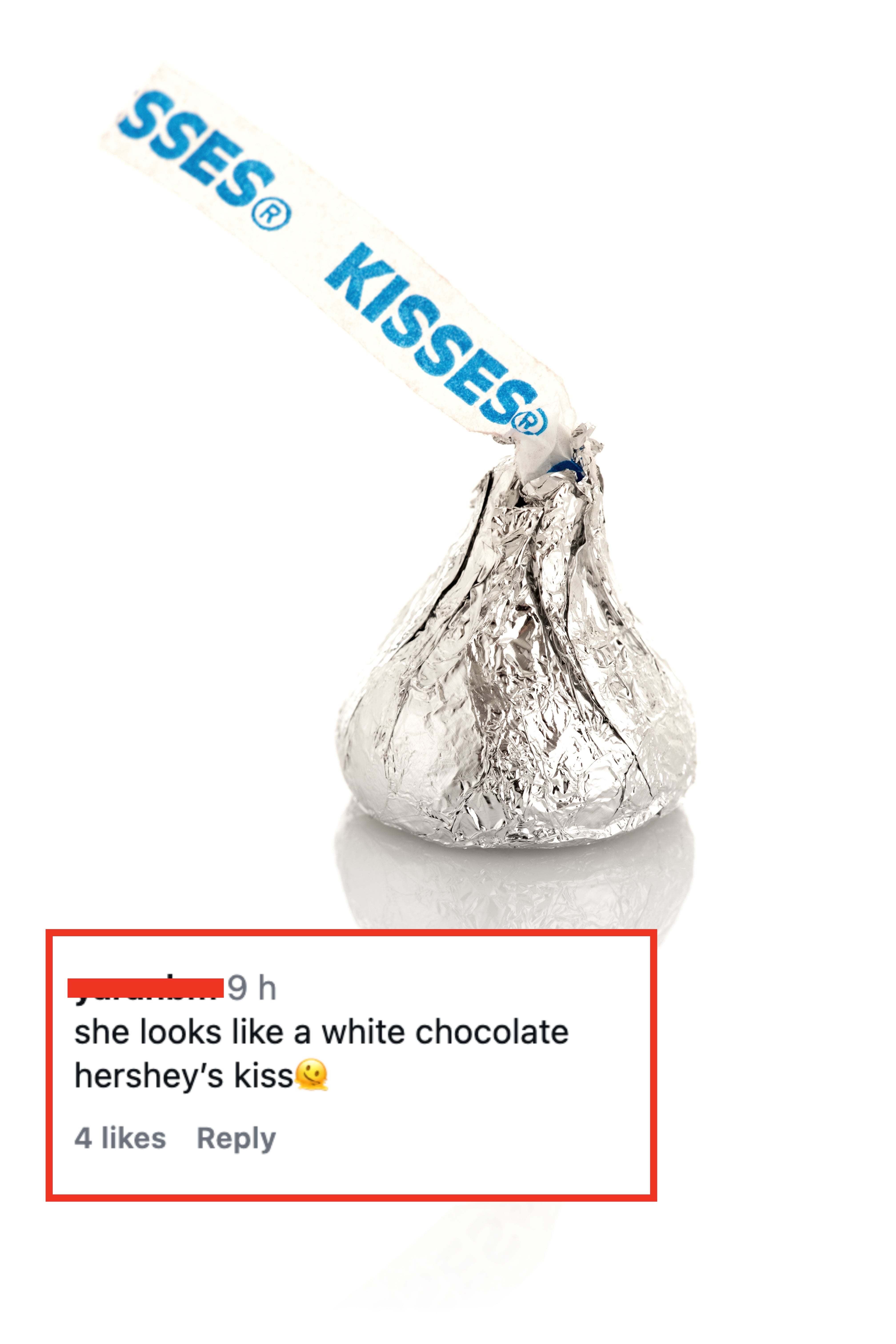 A foil-wrapped Hershey's Kiss with a insubstantial  tag that reads "KISSES."