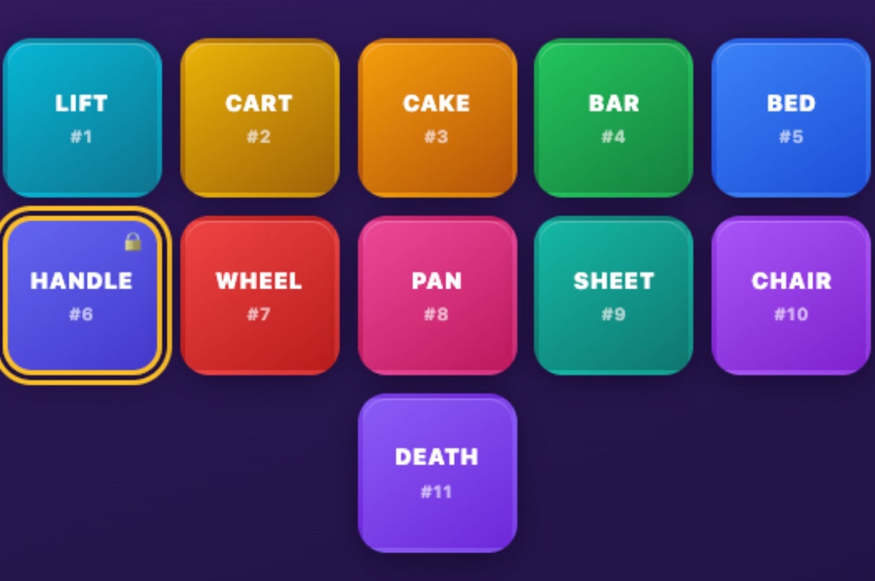 A game board featuring 11 colored squares labeled: Lift, Cart, Cake, Bar, Bed, Handle, Wheel, Pan, Sheet, Chair, Death. Handle is highlighted