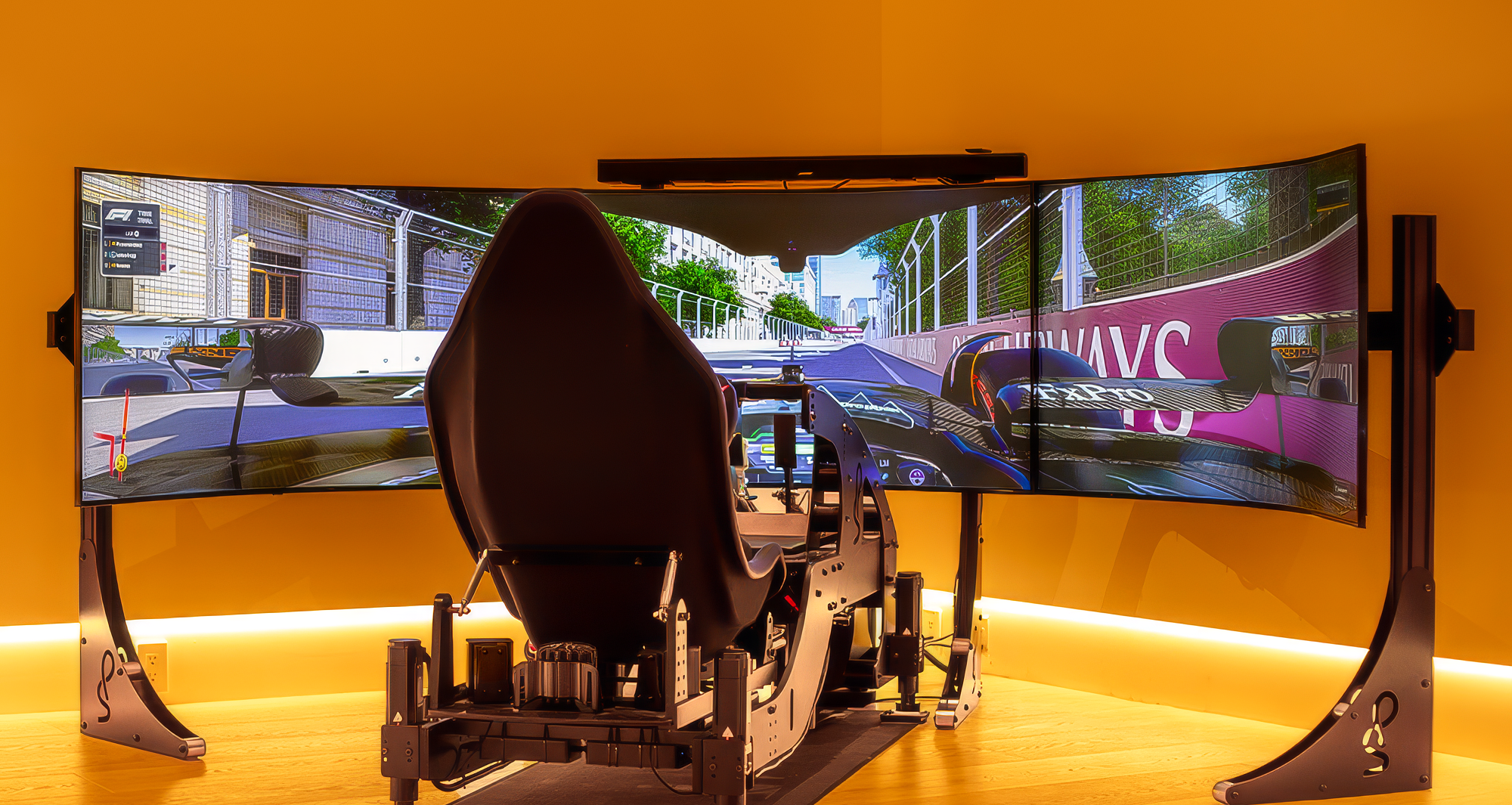 A high-tech racing simulator setup with a curved screen, steering wheel, and pedals, positioned in a corner of a room
