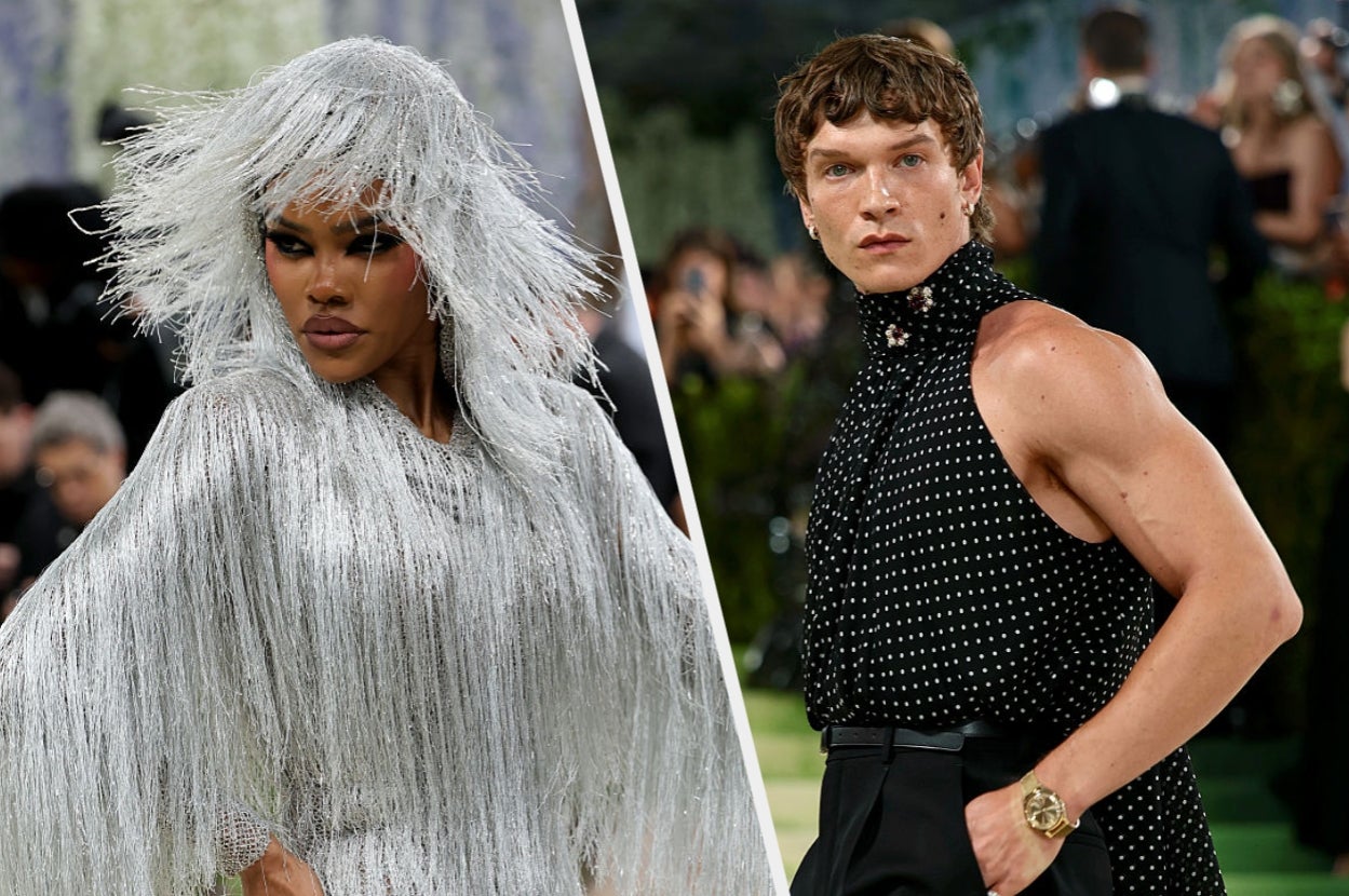 Two people at an event. Left: Person in a flowing, textured outfit. Right: Person in a sleeveless polka-dot top with wide-leg pants