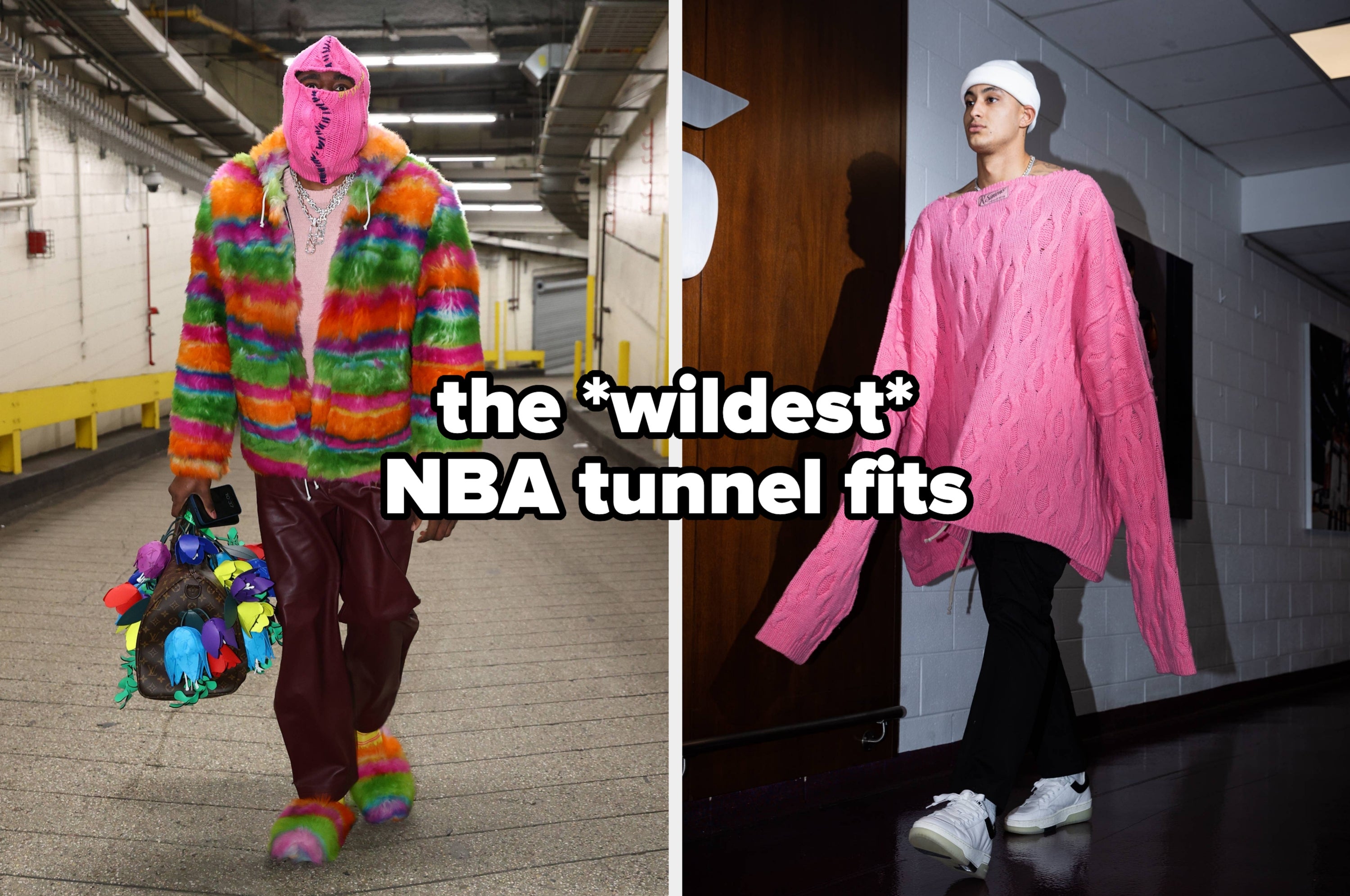 James Harden is in a colorful outfit and a pink ski mask, and Kyle Kuzma is in an oversized pink sweater, text overlay: the *wildest* NBA tunnel fits
