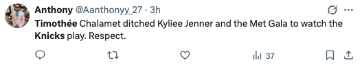 Tweet joking astir  Timothée Chalamet choosing a Knicks crippled  implicit    the Met Gala and Kylie Jenner