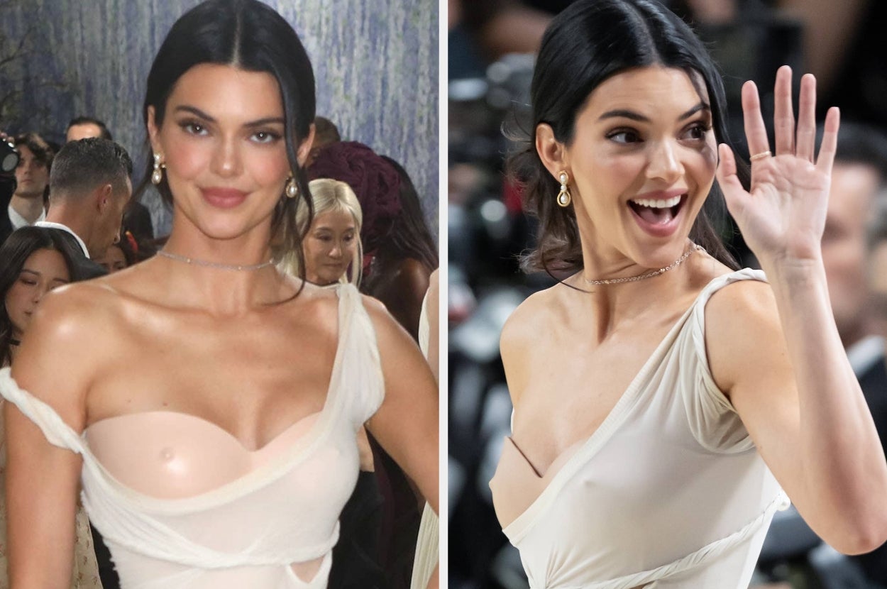 Celebrity on red carpet in off-shoulder, form-fitting gown, smiling and waving