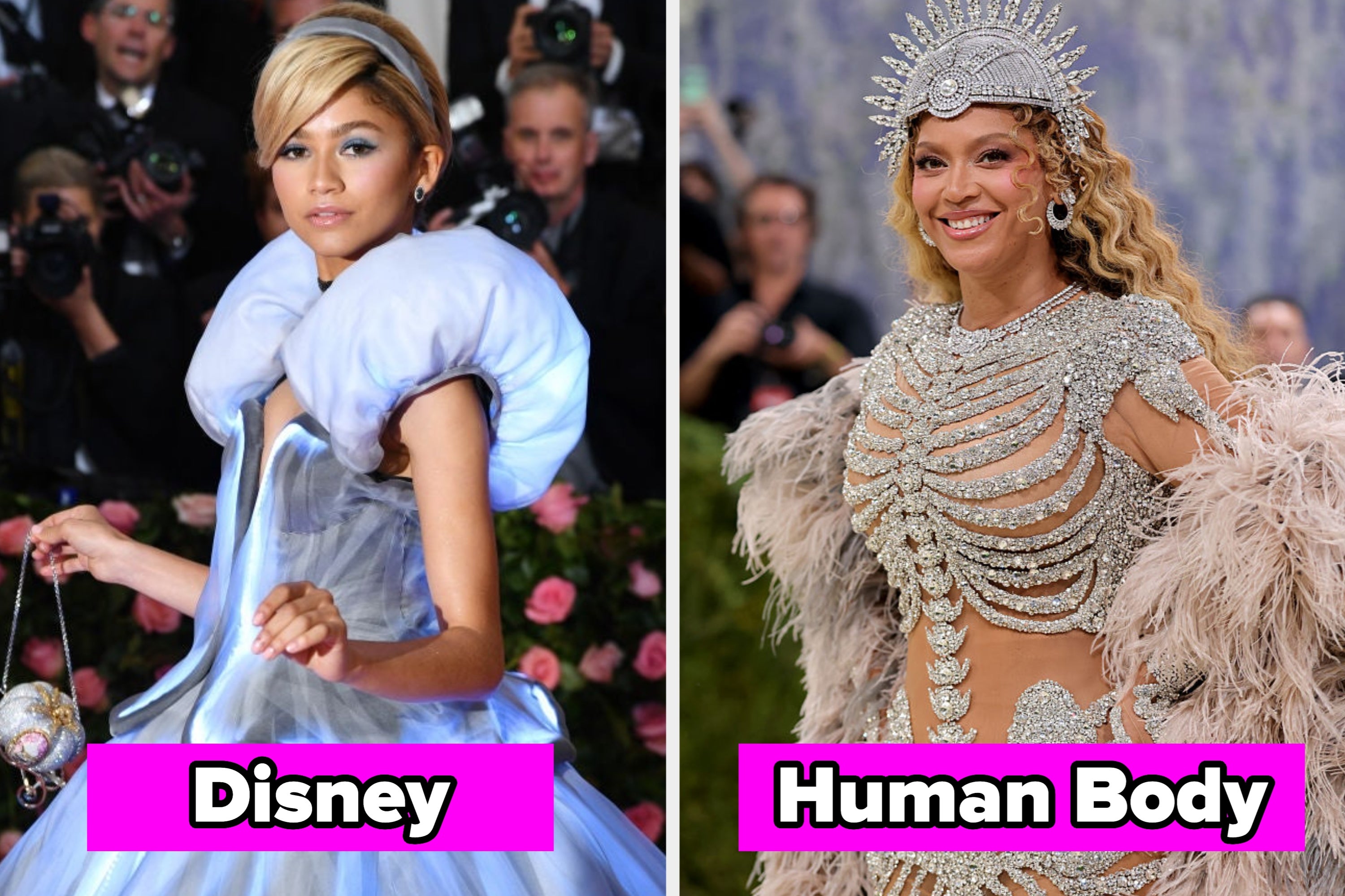 Two women in glamorous, theme-inspired outfits. One in a gown holding a Cinderella-style item, the other in a detailed, ornate, feathery ensemble