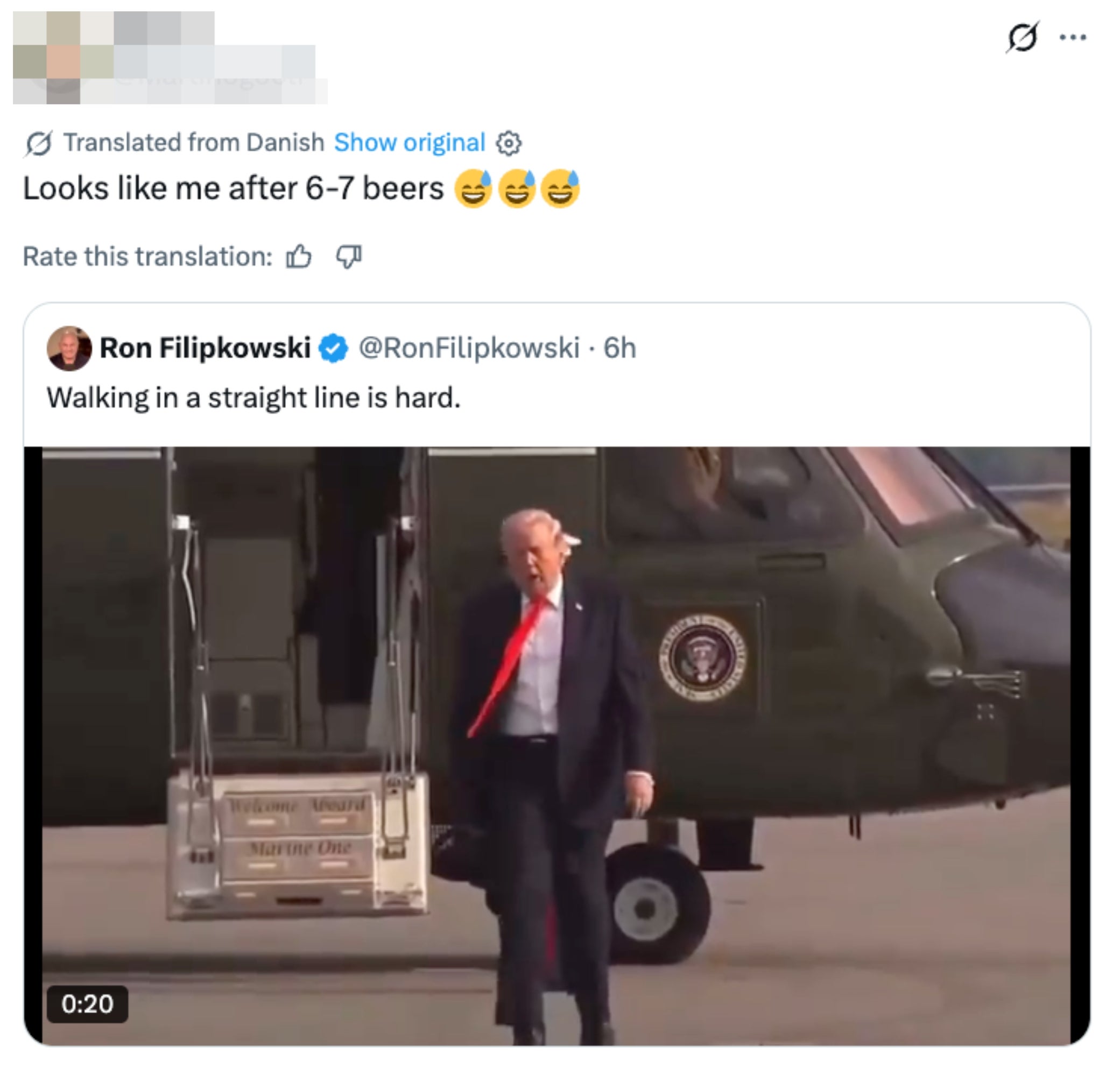 Social media station  shows a idiosyncratic   walking down   airplane stairs appearing unsteady. Text supra  comments humorously connected  walking aft  respective  beers