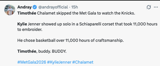 Tweet humorously compares Timothée Chalamet skipping the Met Gala for hoops  to Kylie Jenner's intricate corset attendance
