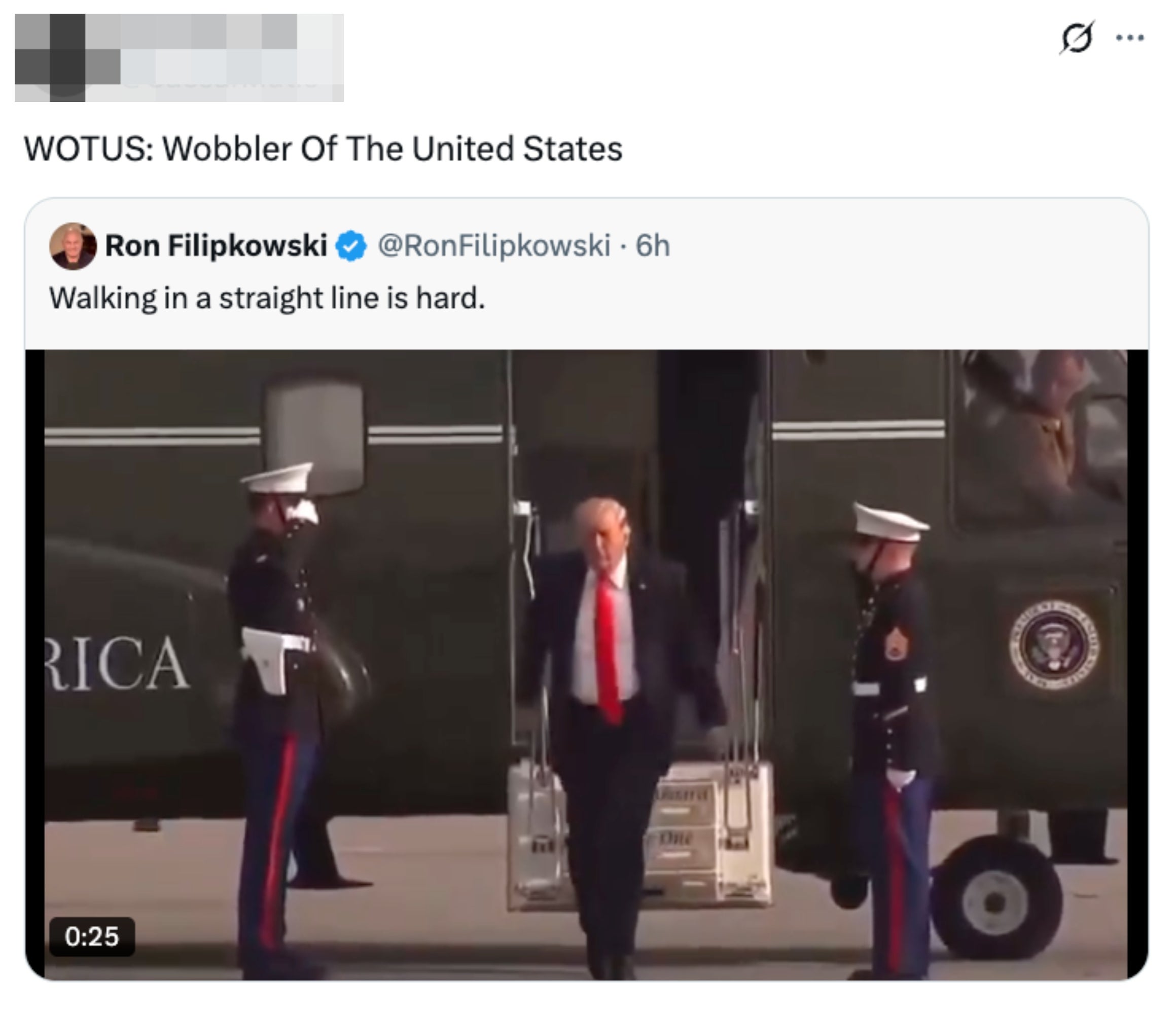 A idiosyncratic   walks unsteadily down   airplane stairs, flanked by subject   personnel