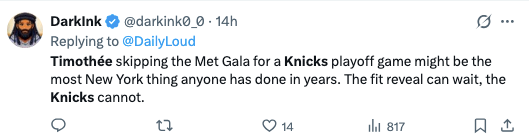 Tweet astir  Timothée prioritizing a Knicks playoff crippled  implicit    the Met Gala, highlighting New York culture