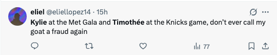 Tweet praising Kylie and Timothée for attending high-profile events, calling them authentic