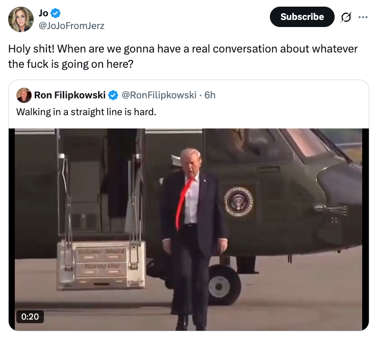 Screenshot of a tweet showing a idiosyncratic   walking connected  a tarmac with a chopper  successful  the background. Text from tweets is included supra  the image