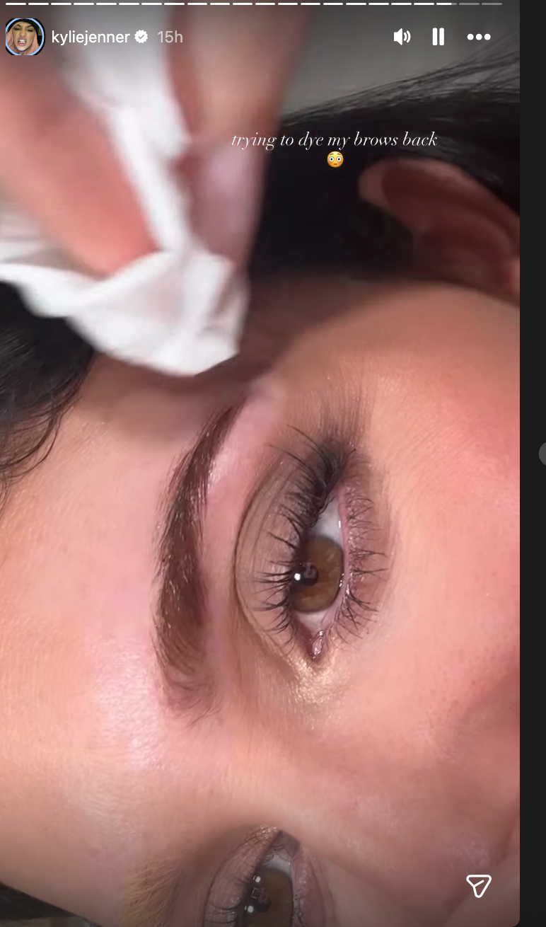 Close-up of a person's oculus  with neatly shaped eyebrows, caption reads: "trying to dye my brows back."