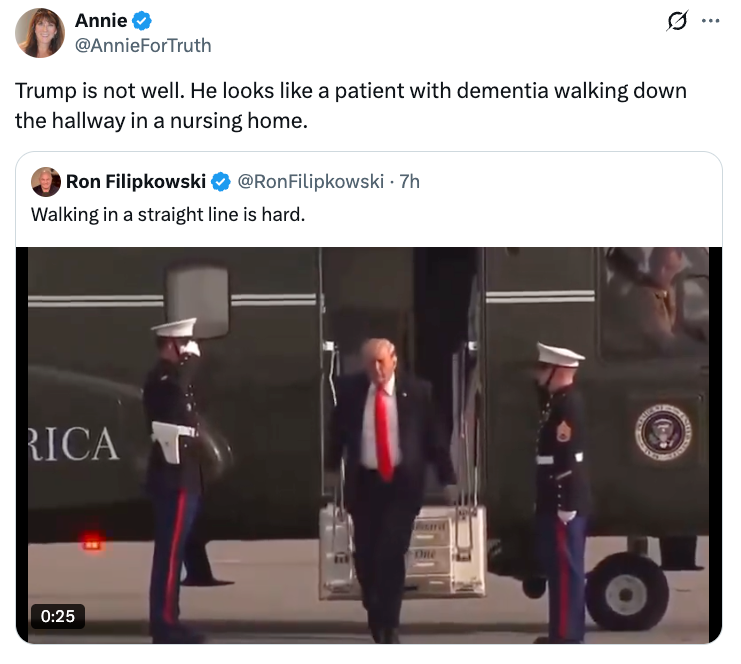 A tweet with a video shows a nationalist   fig  walking disconnected  a plane, flanked by subject   personnel. Tweets suggest   concerns astir  his well-being