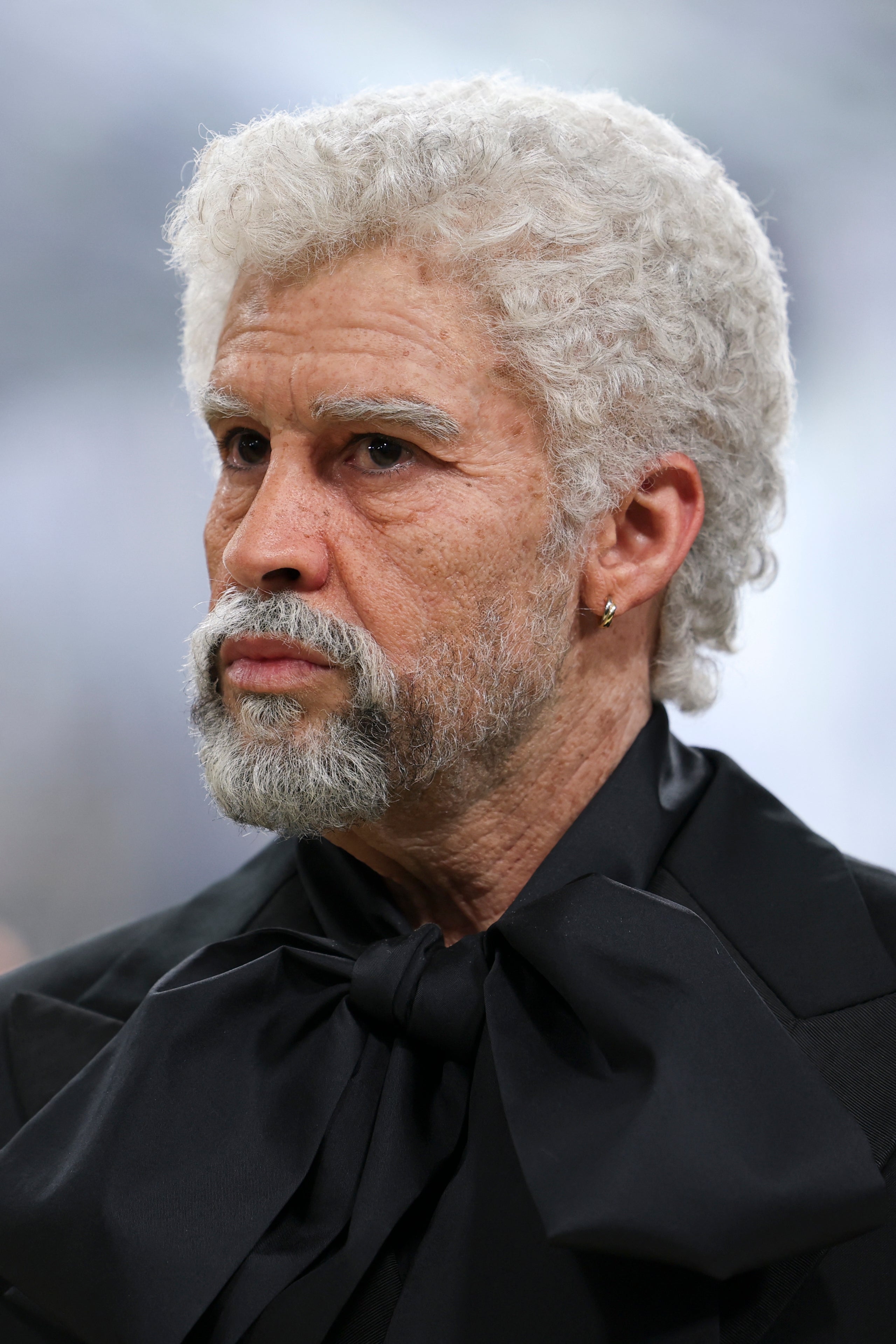 Person with achromatic  curly hairsbreadth  and beard wearing a suit   with a ample  bow tie
