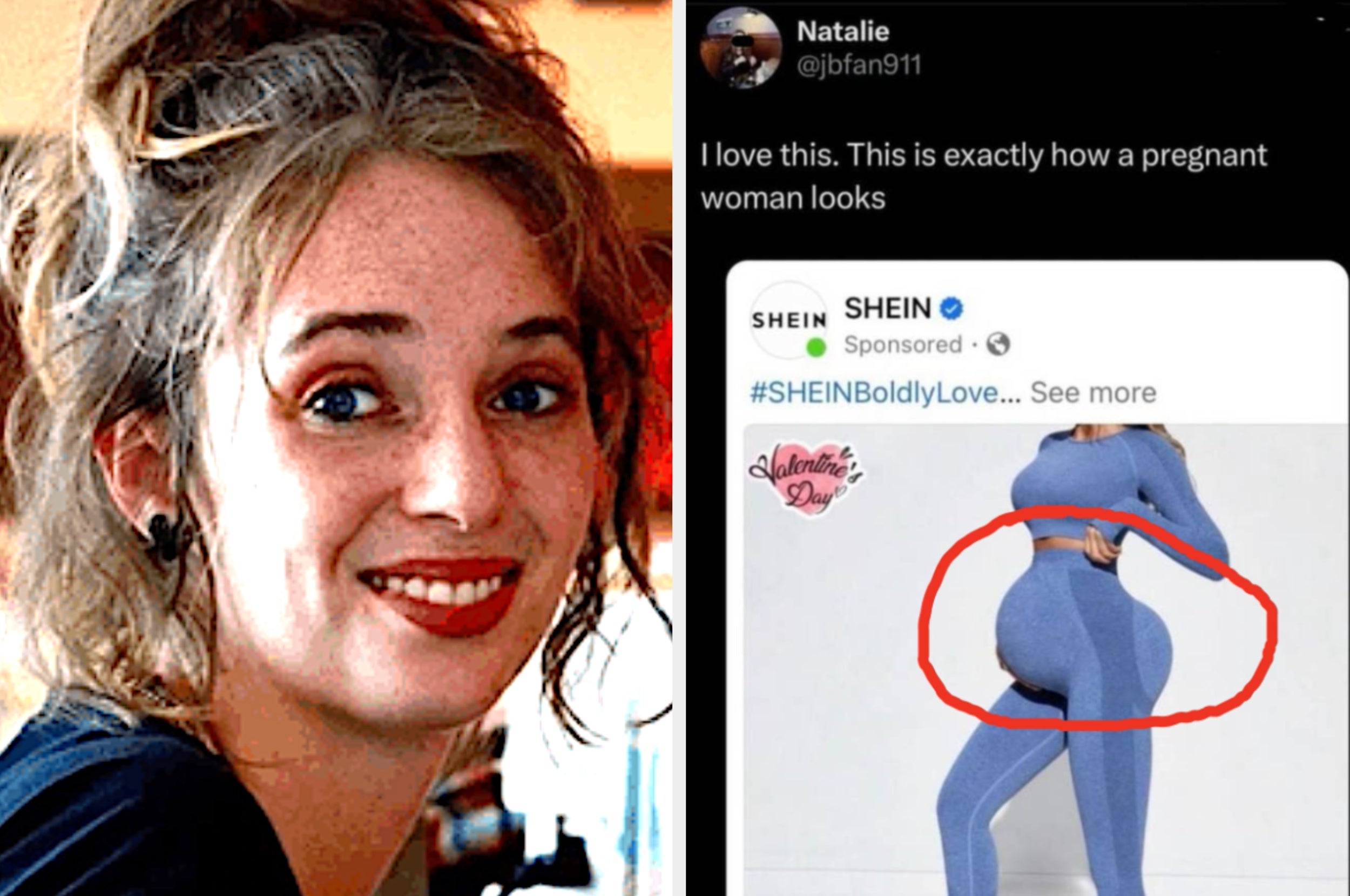 Woman smiling next to a Twitter post showing an ad with a mannequin in bodycon clothing, humorously highlighting an exaggerated silhouette