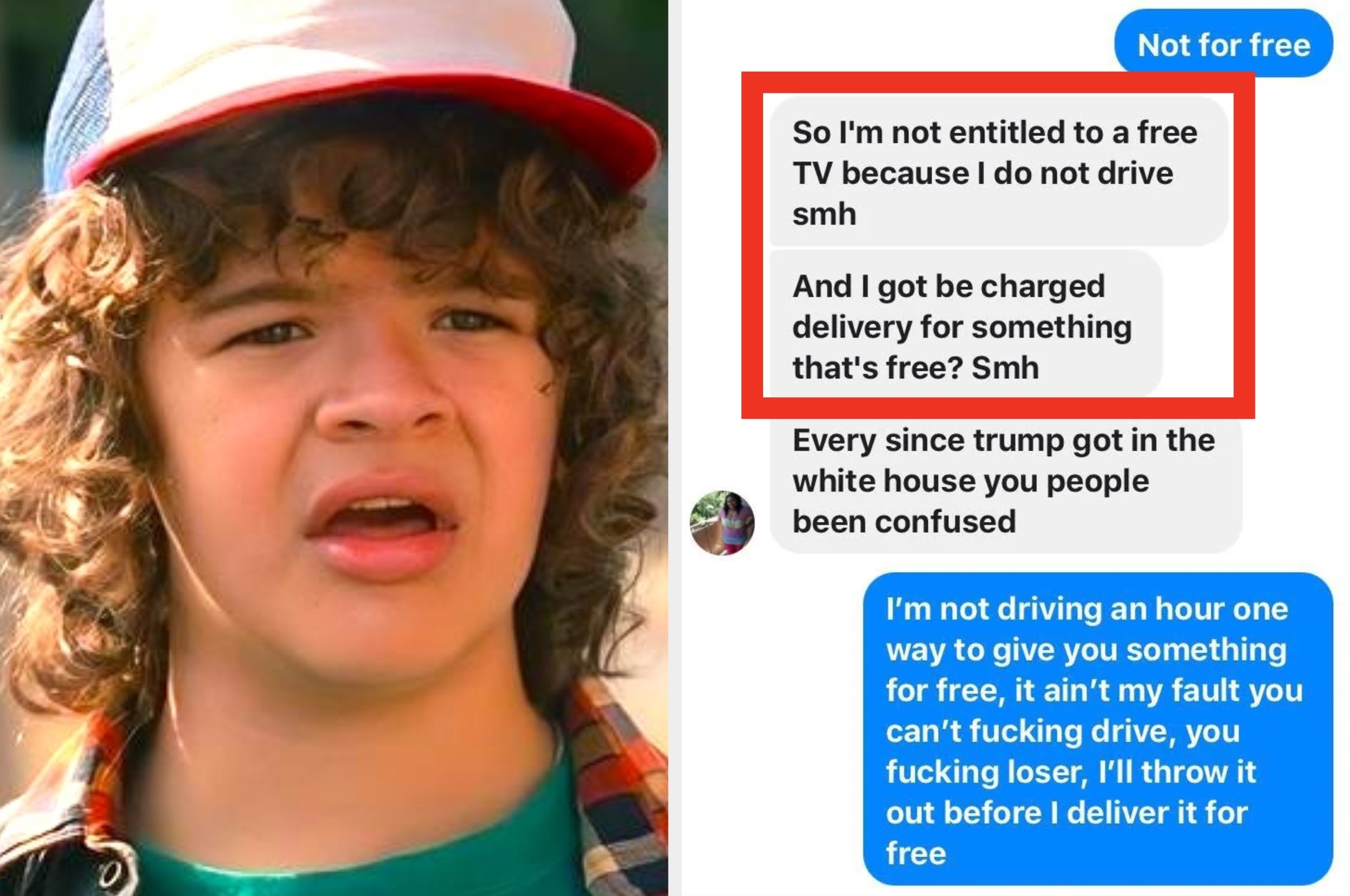 Split image with a person on the left and a text exchange on the right. The texts show a dispute over delivery charges for a supposedly free TV