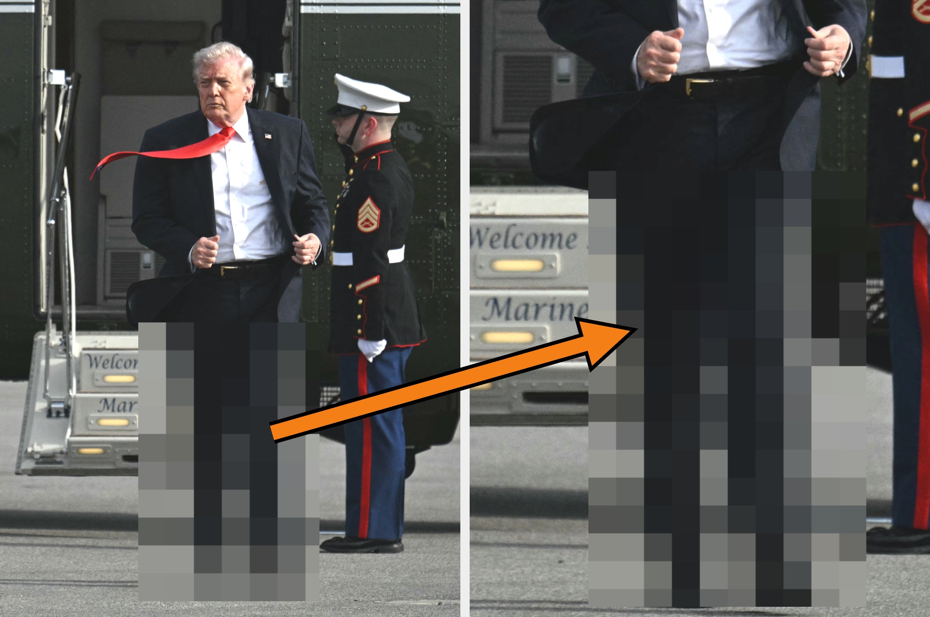A man walks briskly, with his tie blowing and a military escort in the background, next to a close-up of his legs and shoes