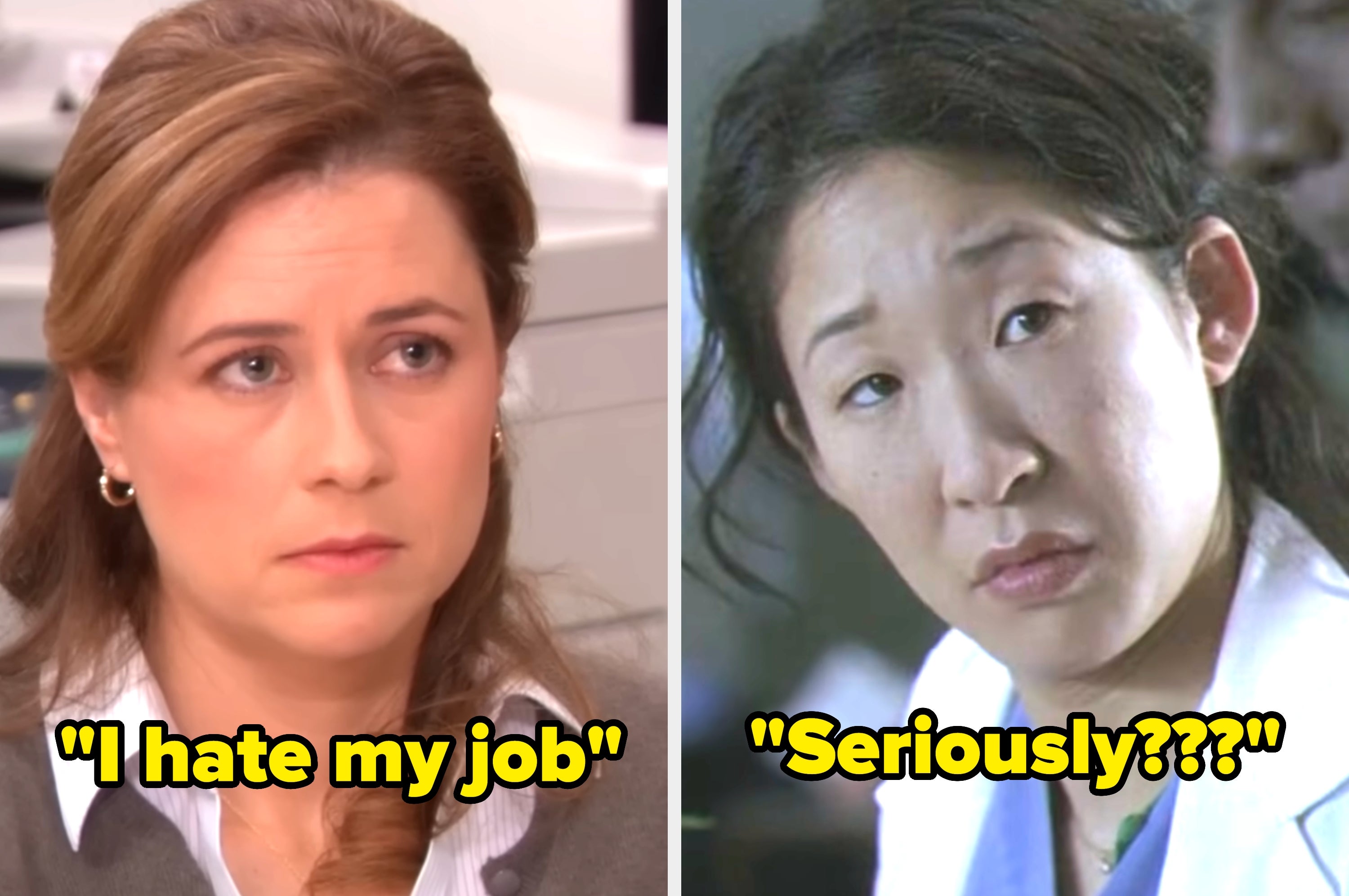 Two people indoors, one with a serious expression, the other looking inquisitive, suitable for a work environment context