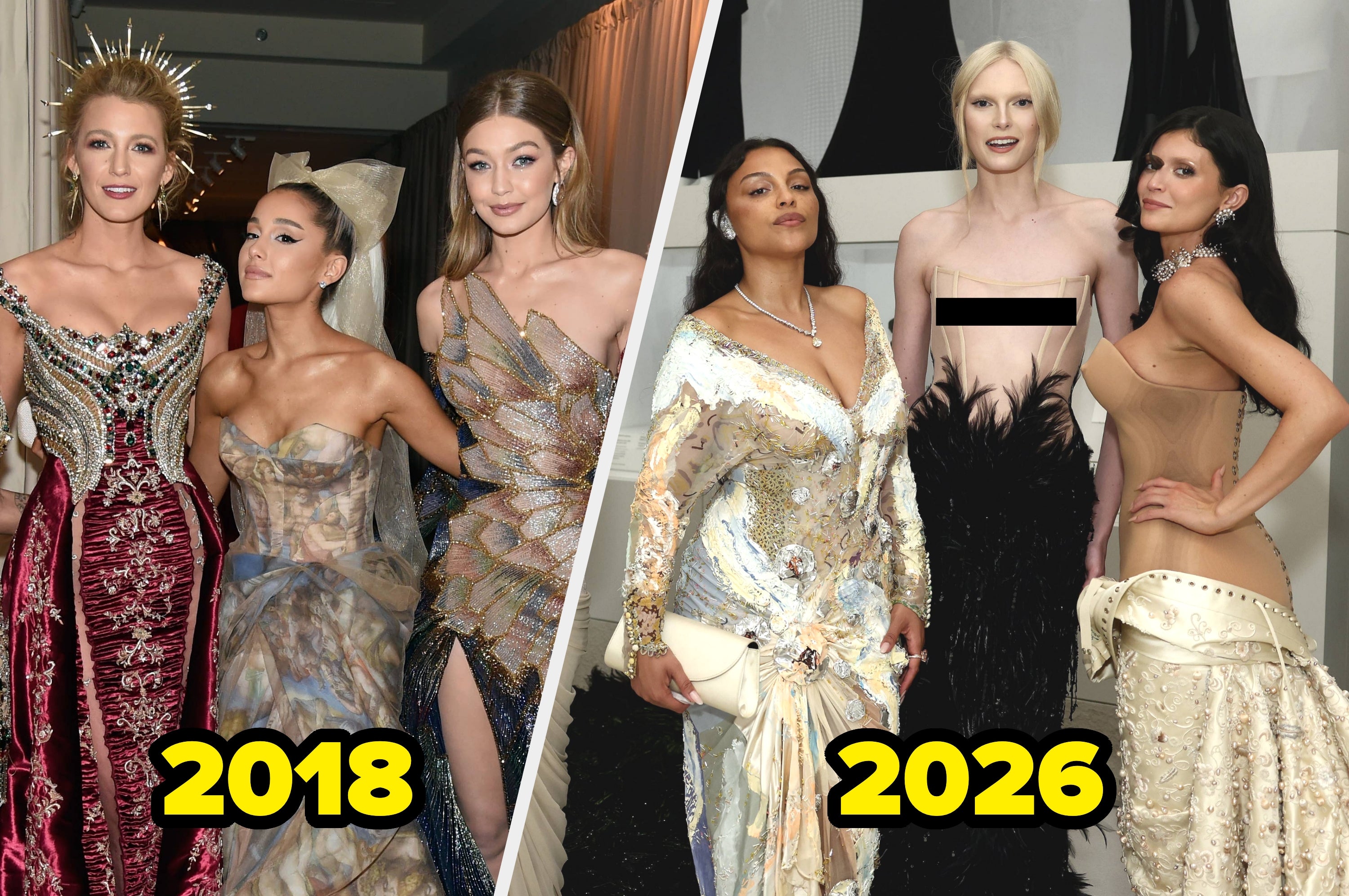 Three people in elaborate gowns at a fashion event. The attire features intricate designs and bold patterns, creating an elegant and glamorous look