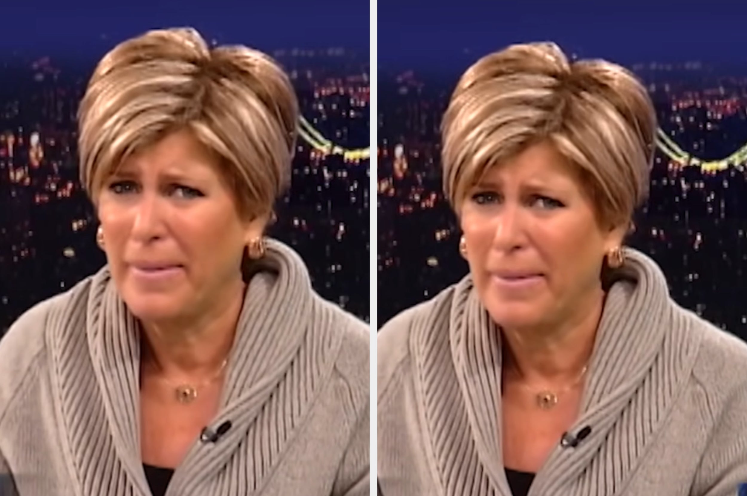 Person with short hair in a ribbed sweater appears thoughtful or concerned in a split-screen image. Cityscape background suggests a news setting