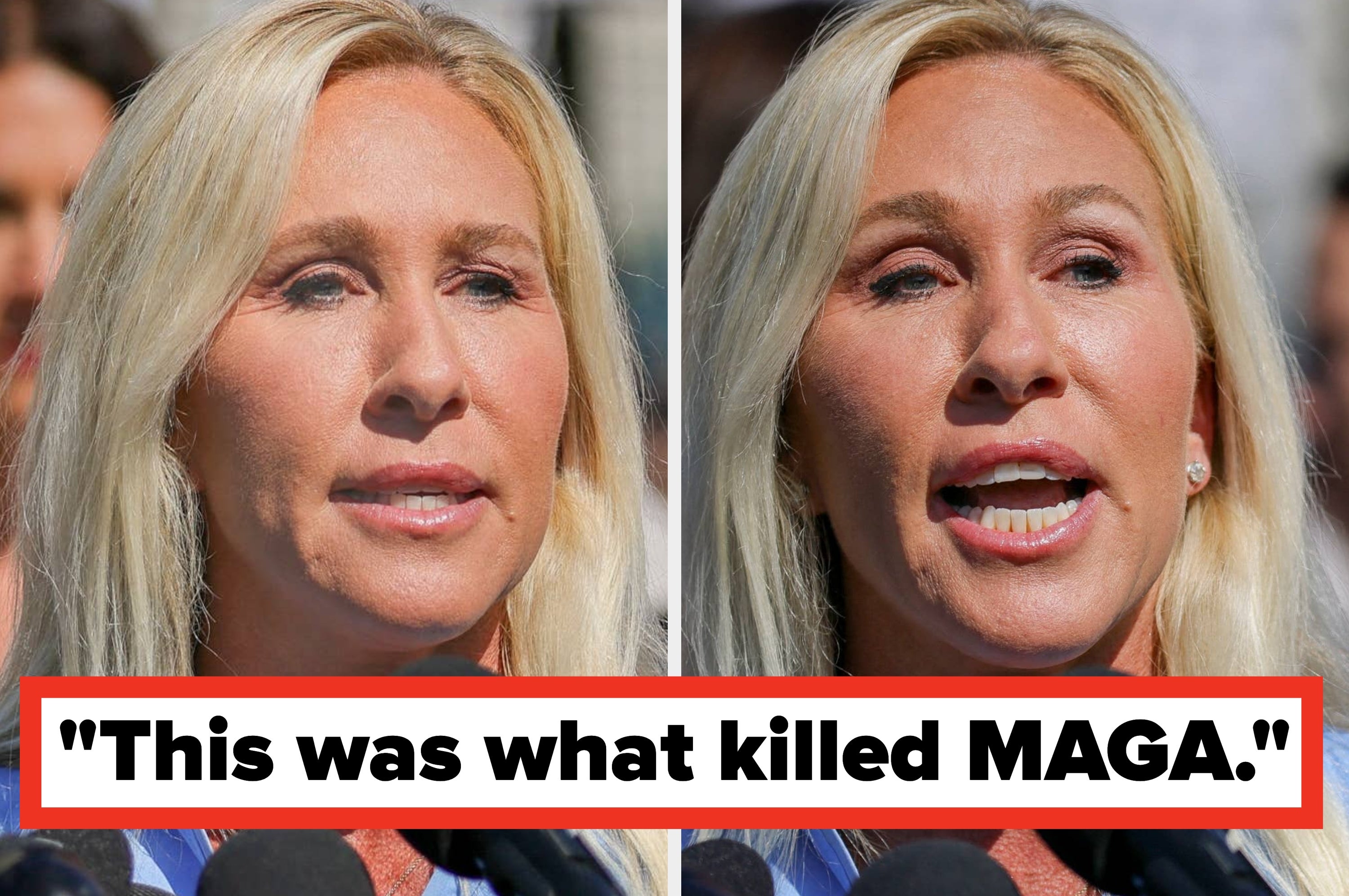 Two photos of a person speaking at a public event. Text overlay says, "This was what killed MAGA."