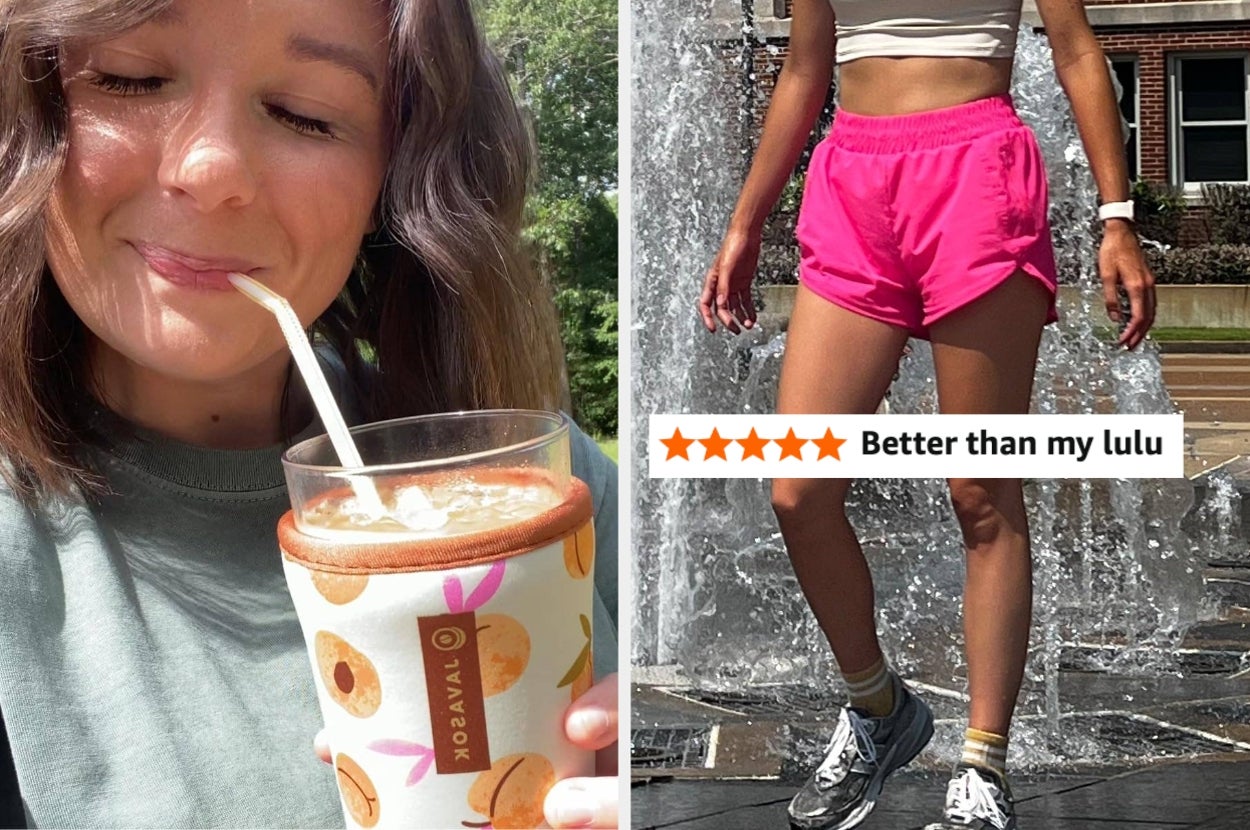 Person enjoying a drink outdoors; another wearing athletic shorts near a fountain. Review text highlights shorts as "Better than my lulu" with 5 stars