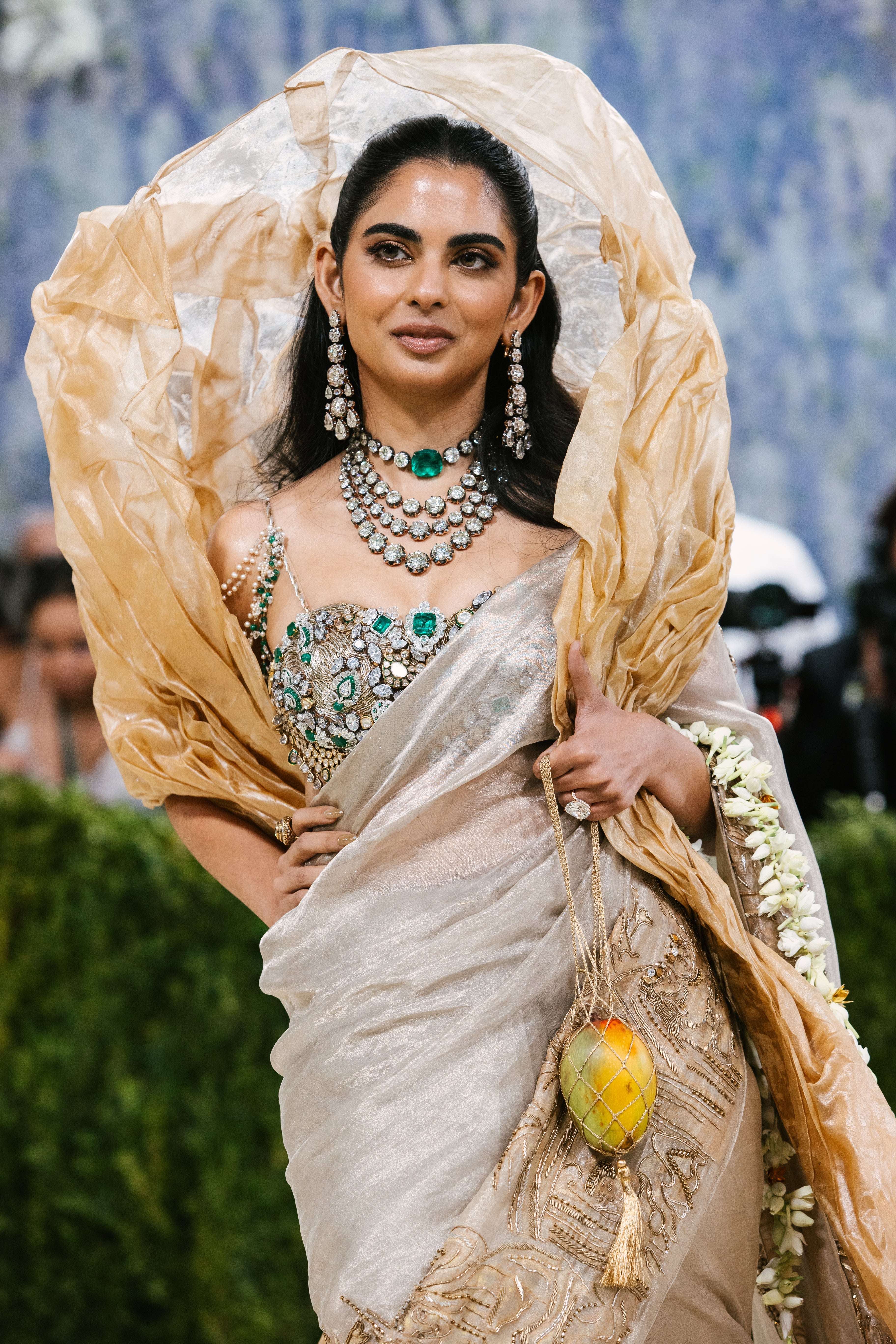 Person successful  ornate, embellished saree with ample  connection    jewelry connected  a ceremonial  lawsuit   carpet, looking assured  and holding a tiny  bag