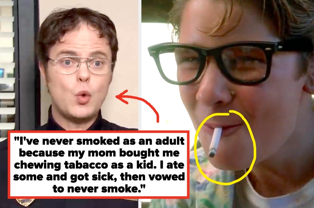 Split image: Person talking on left, young person with cigarette in mouth on right. Text discusses aversion to smoking due to childhood experience with tobacco