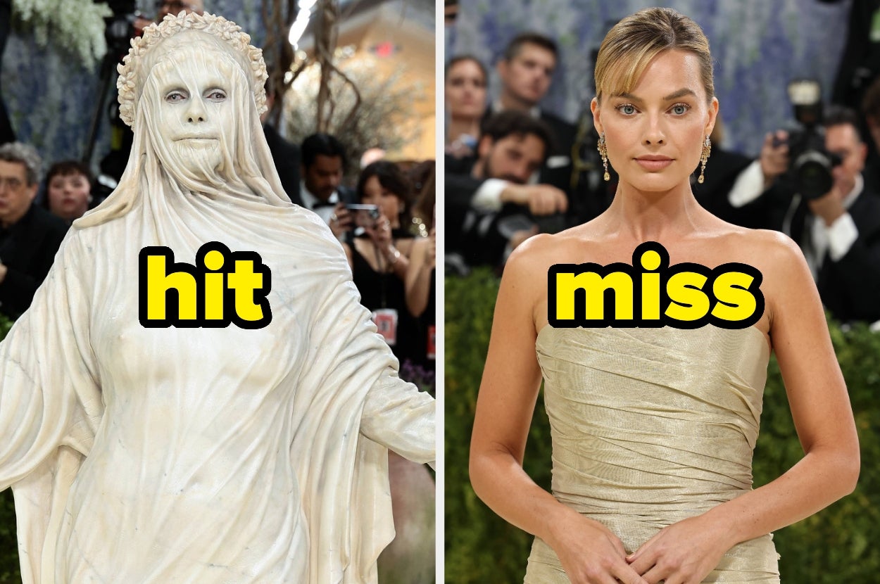 Two people at a high-profile event, one in theatrical attire, and the other in an elegant strapless dress, labeled "hit" and "miss."