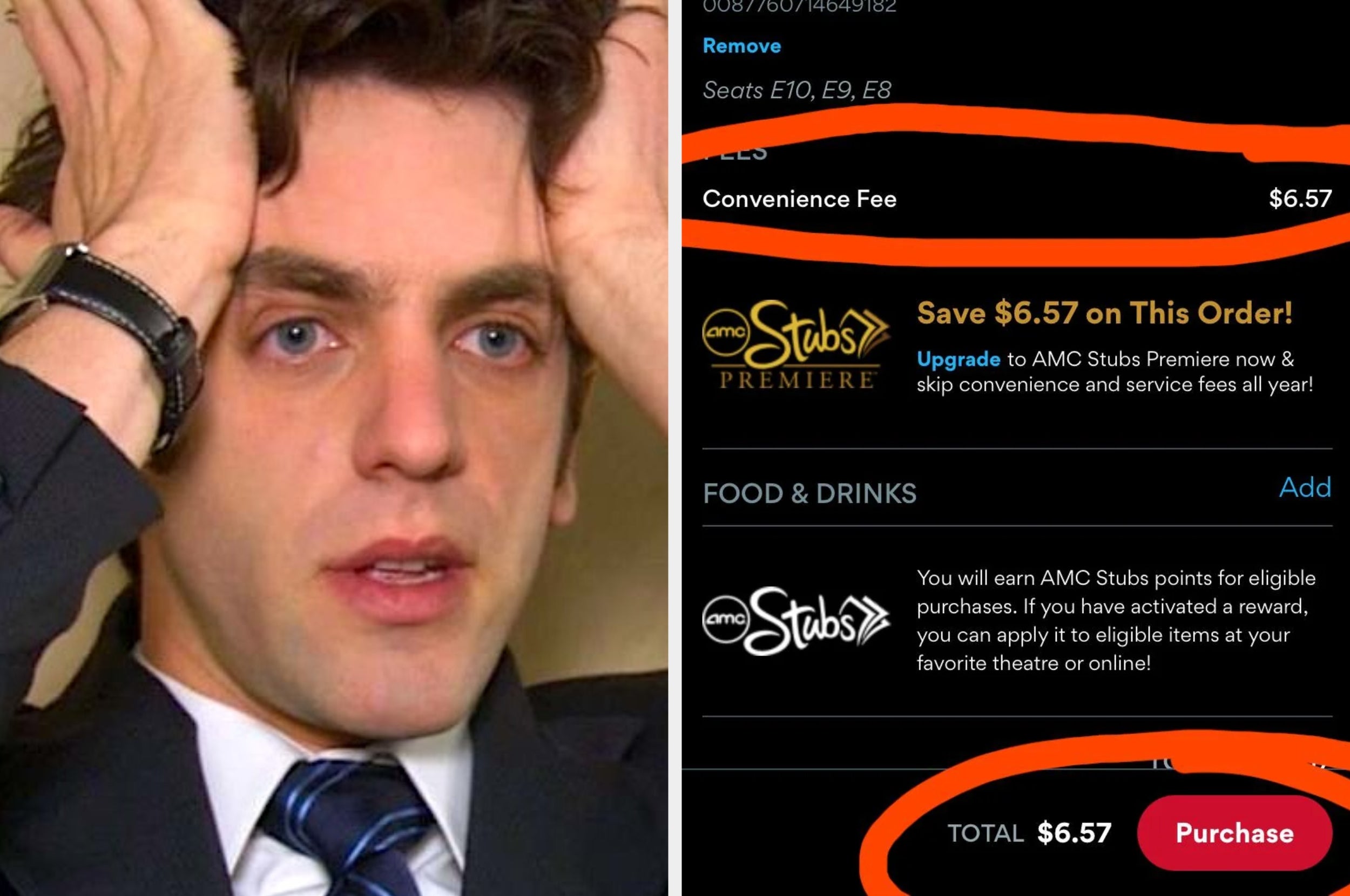 Person looking stressed next to a purchase screen showing a $6.57 convenience fee, totaling the same amount