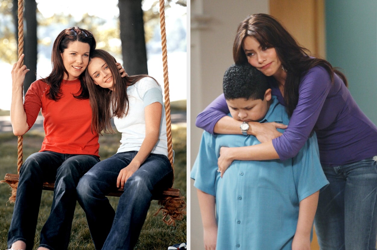 Two women on a swing with a girl, and a woman hugging a boy in a blue shirt indoors