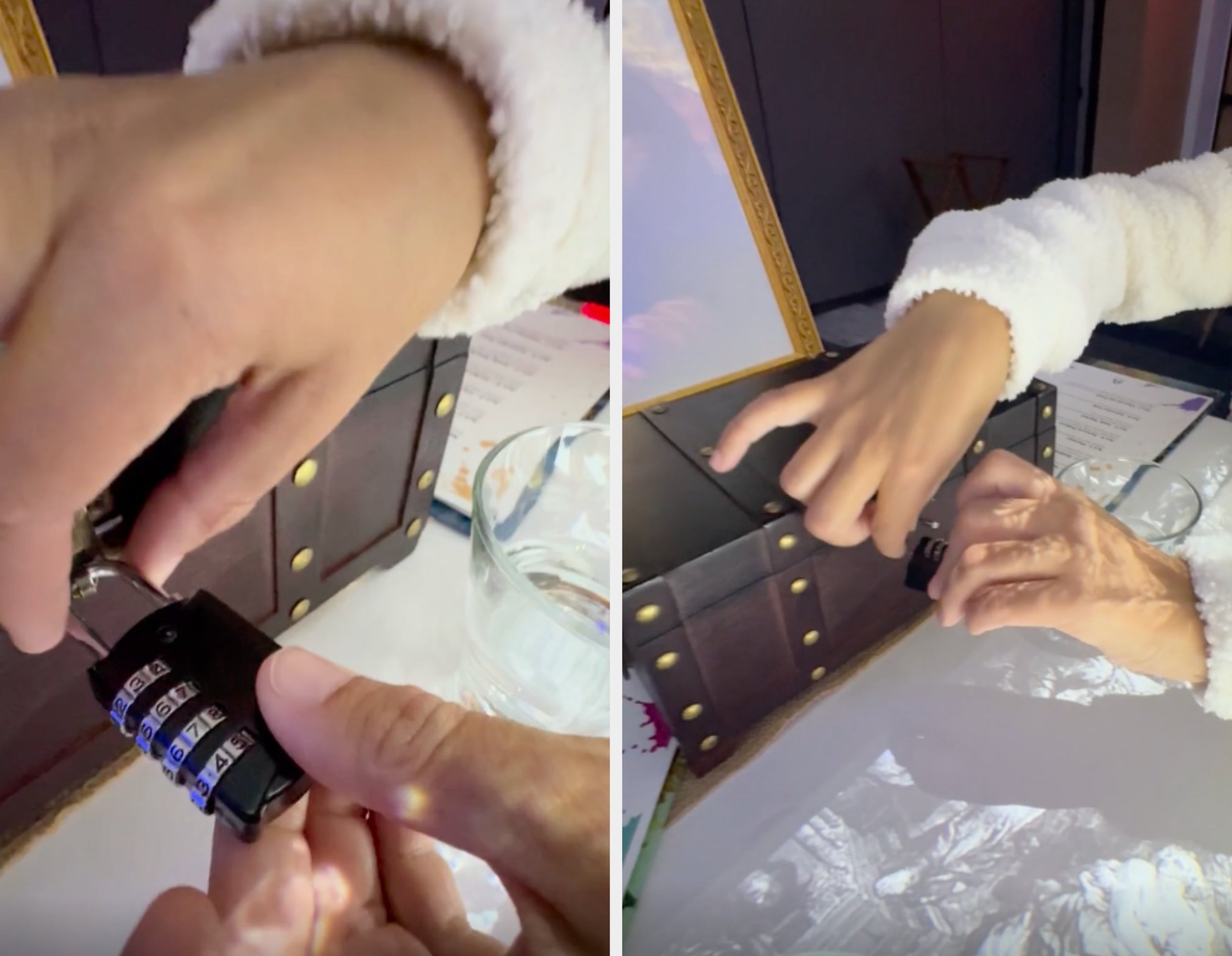 Hands open a combination lock on a wooden box. A glass of water and a paper are nearby