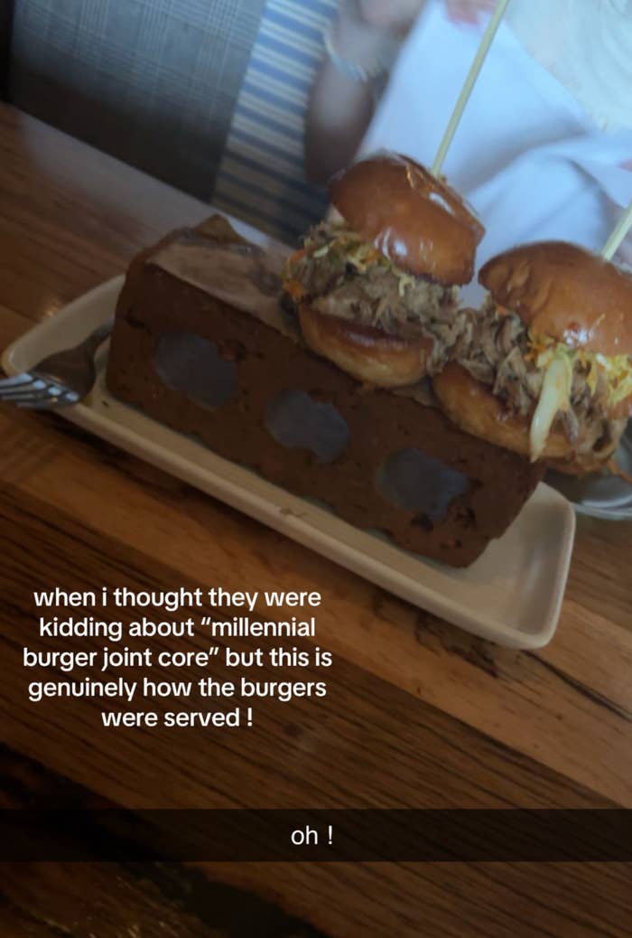 Two burgers served atop a brick, with a caption expressing surprise at the presentation style at a trendy restaurant