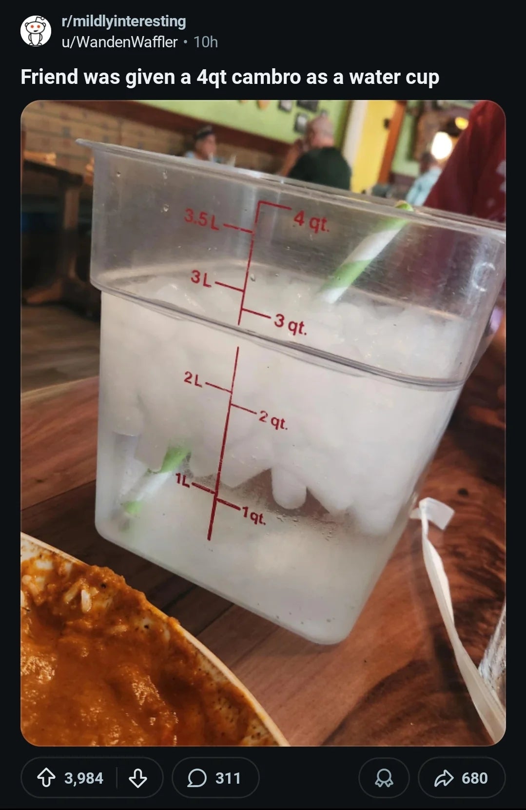 Large food container used as a water glass filled with ice and two straws, next to a plate of food