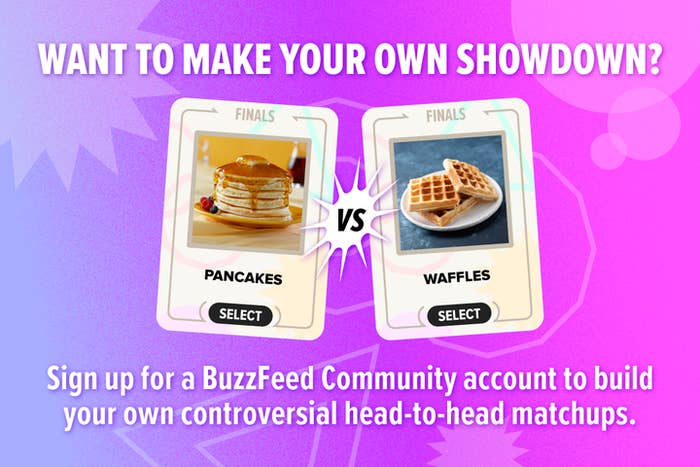 Text describes a BuzzFeed feature to create head-to-head matchups, featuring pancakes versus waffles