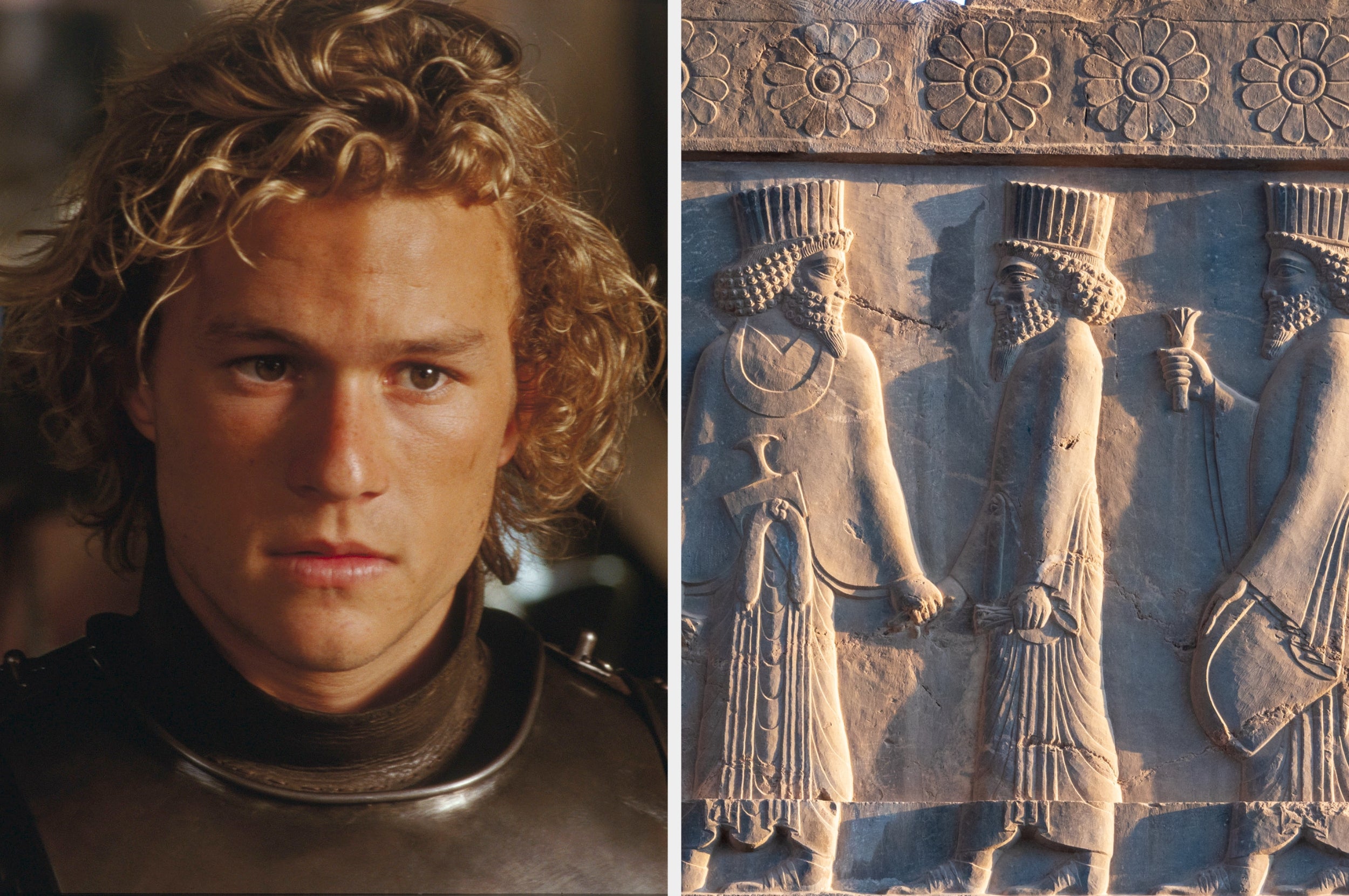 A person in medieval armor is juxtaposed with an ancient stone relief of two figures shaking hands