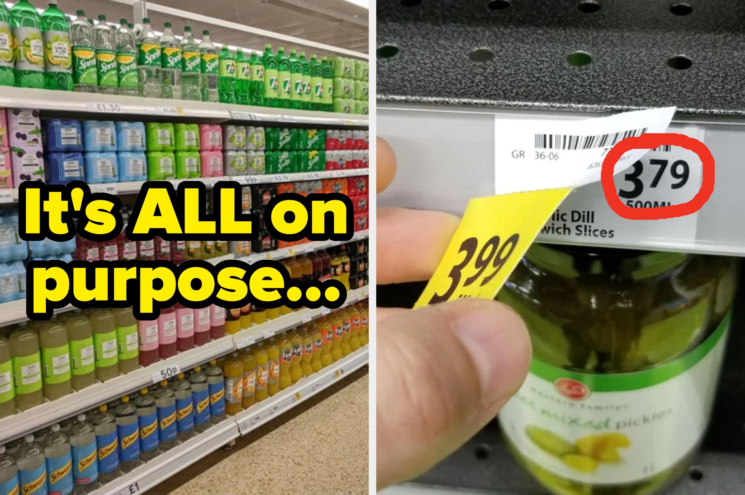 Grocery store price mismatch: one shelf tag shows $3.99, another $3.79, representing common retail marketing tactics to influence spending