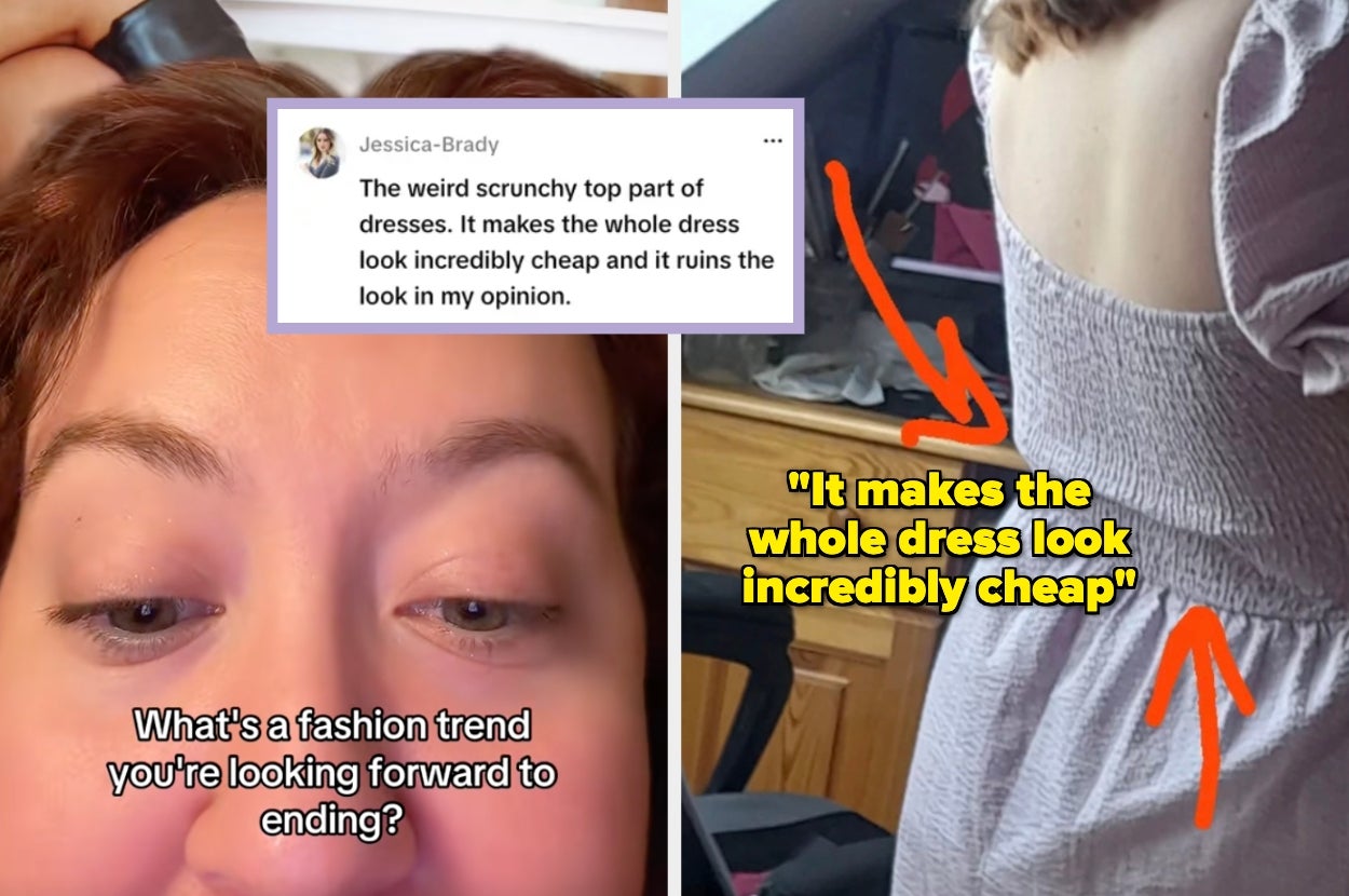 Two images: Left shows a person with a text overlay about disliking scrunchy dress tops. Right shows a woman in a scrunchy dress with arrows and text