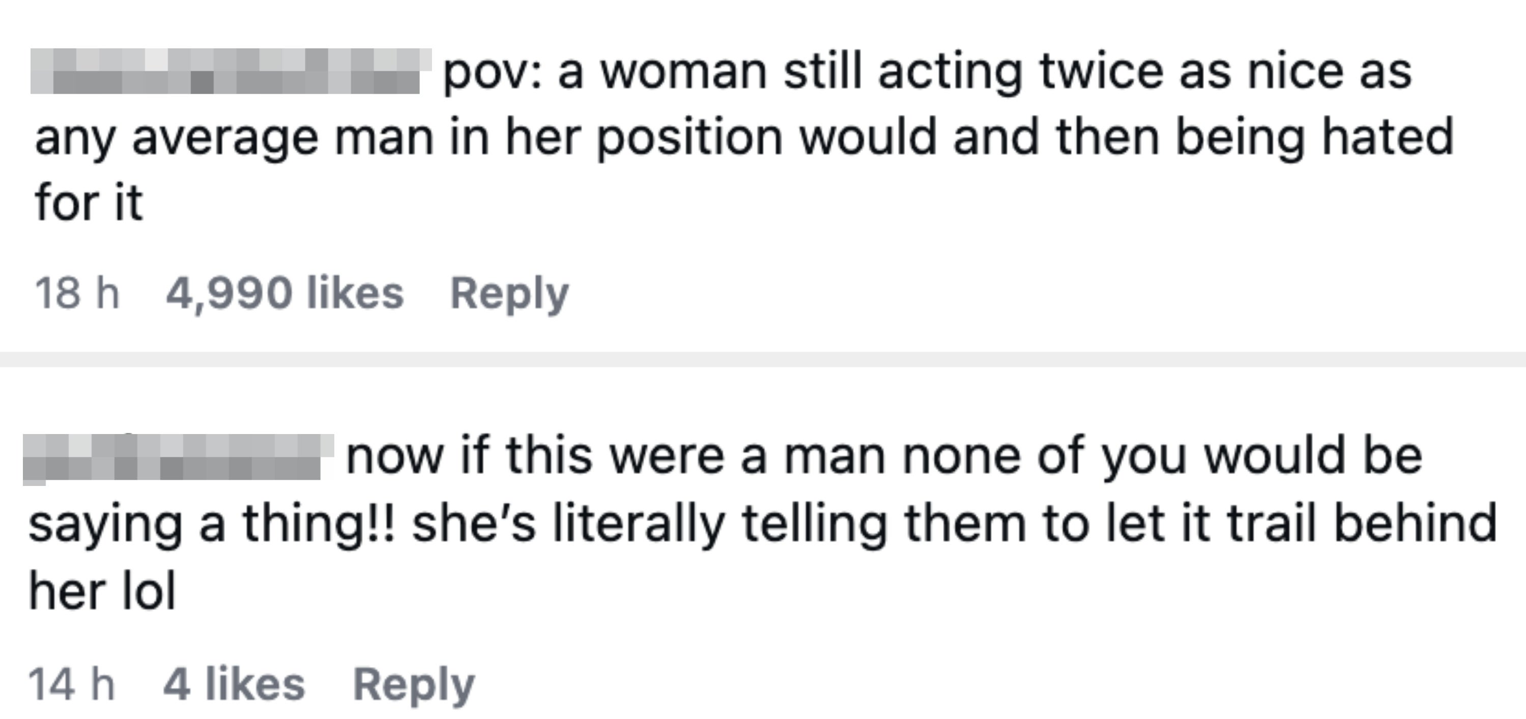 Social media comments discussing treble  standards faced by women, highlighting a script  of unfair disapproval  compared to men