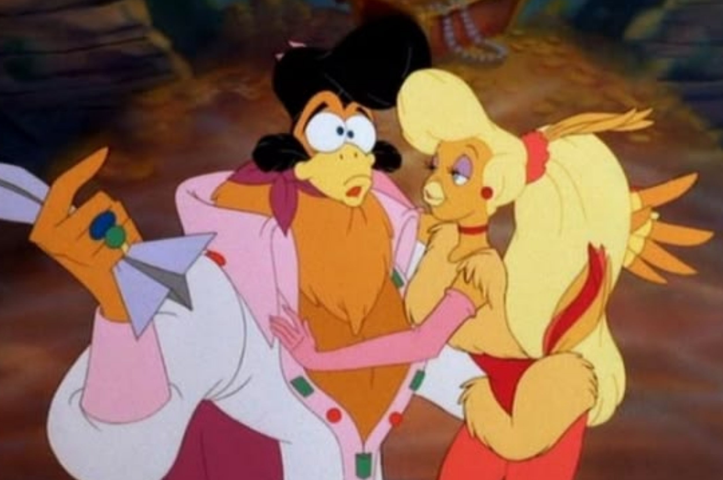 Two animated birds creation   closely; the antheral  wears a 70s disco outfit with an unfastened  shirt, and the pistillate  wears a glamorous reddish  formal  with a feather boa