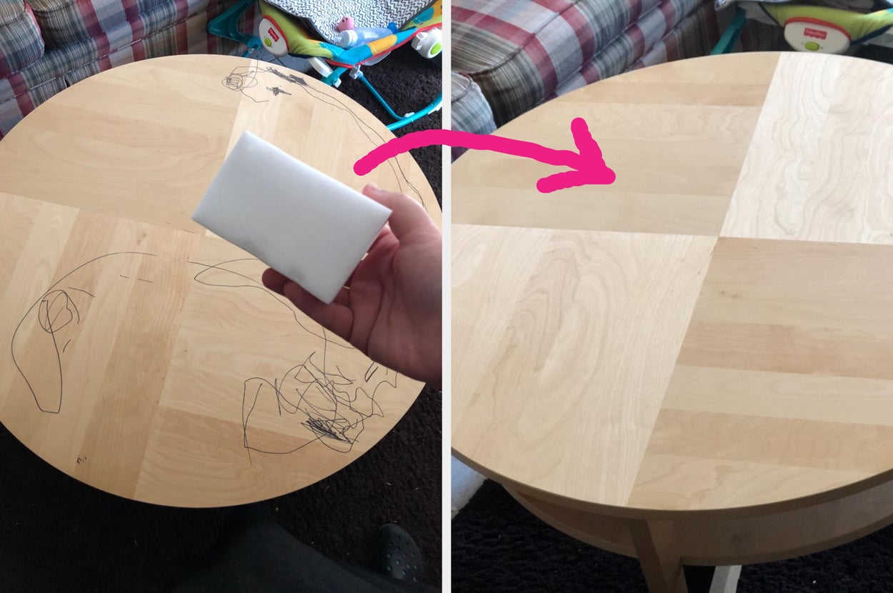 Left: Wooden table with black marker scribbles. Right: Clean table with a hand holding a cleaning sponge