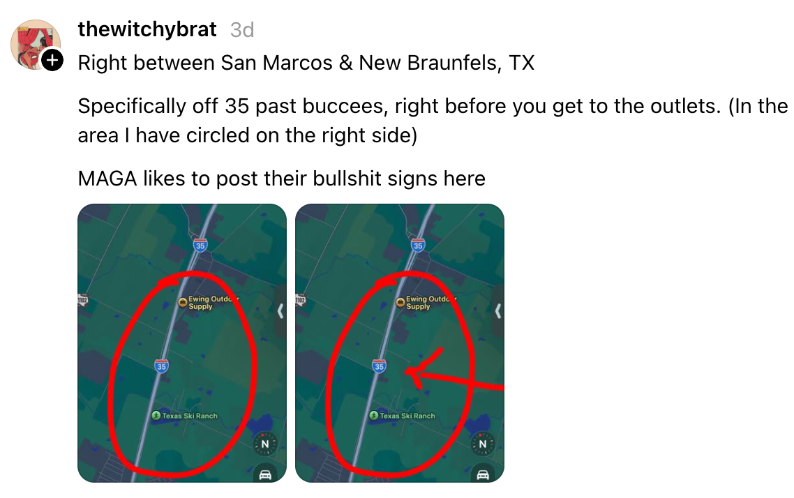 Map showing determination  betwixt  San Marcos and New Braunfels, TX, with commentary connected  signage from the user