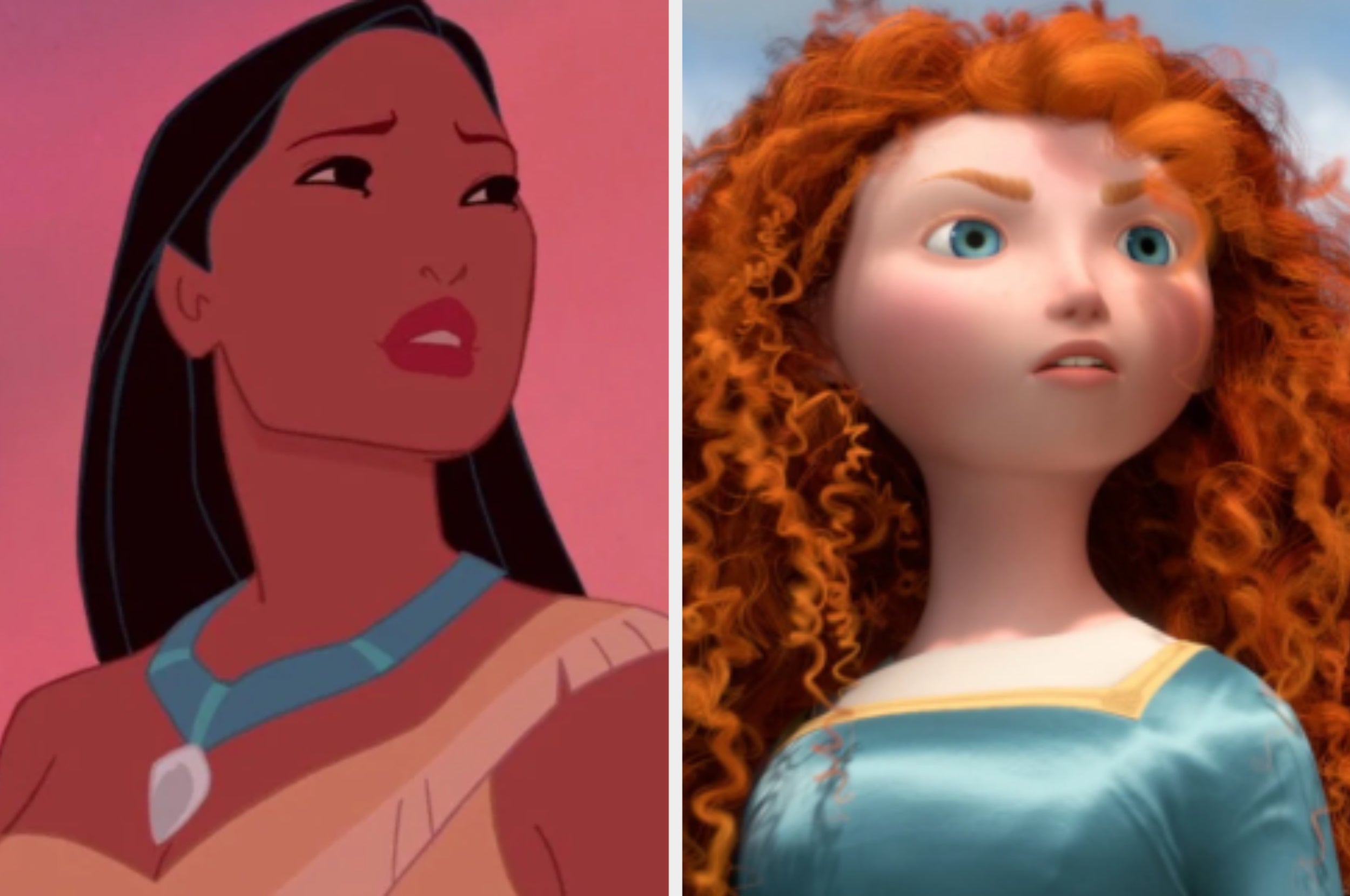 Two animated characters: one with long dark hair and a necklace, the other with curly hair looking determined