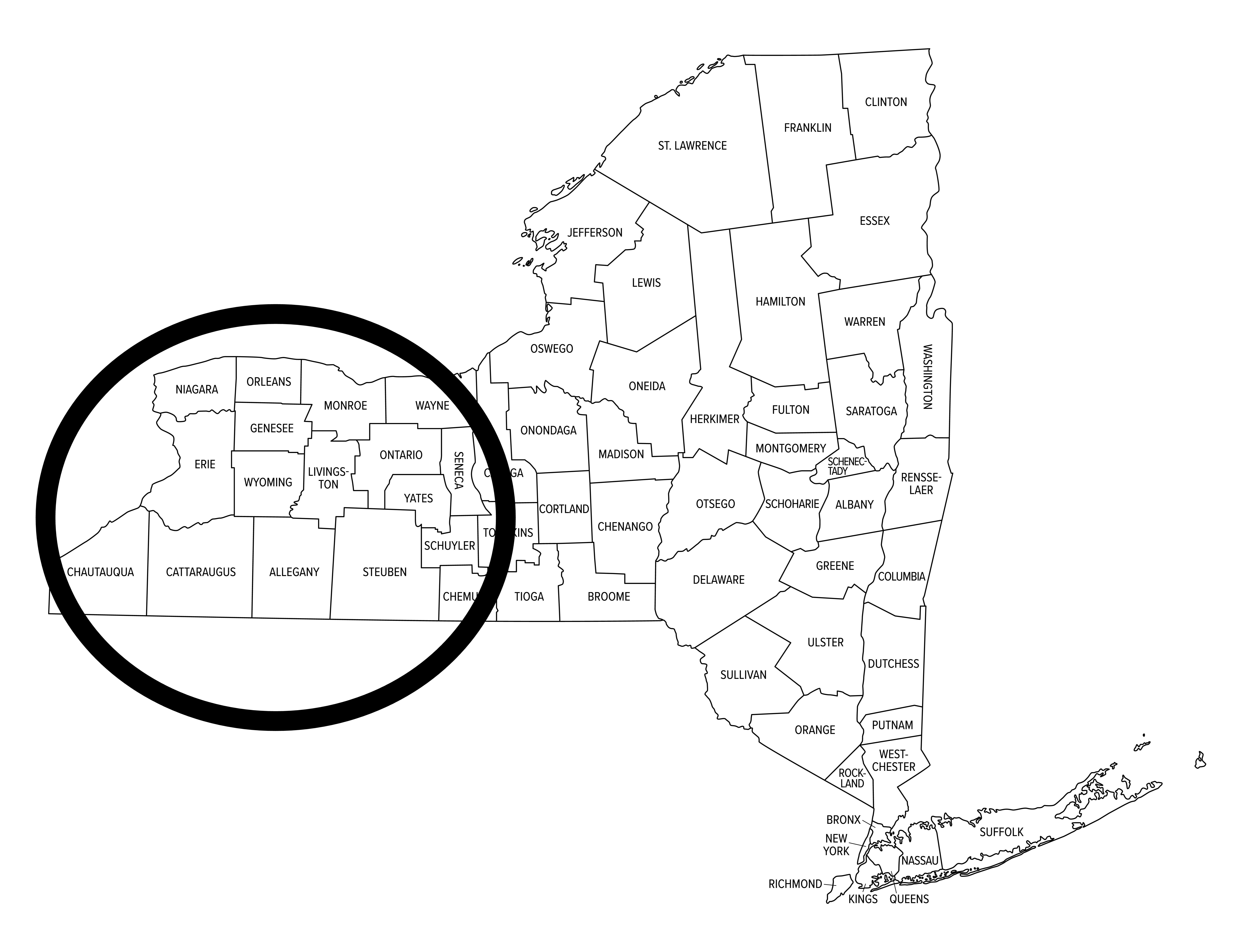 Map of New York authorities   outlining counties, showing locations and borders of each   county
