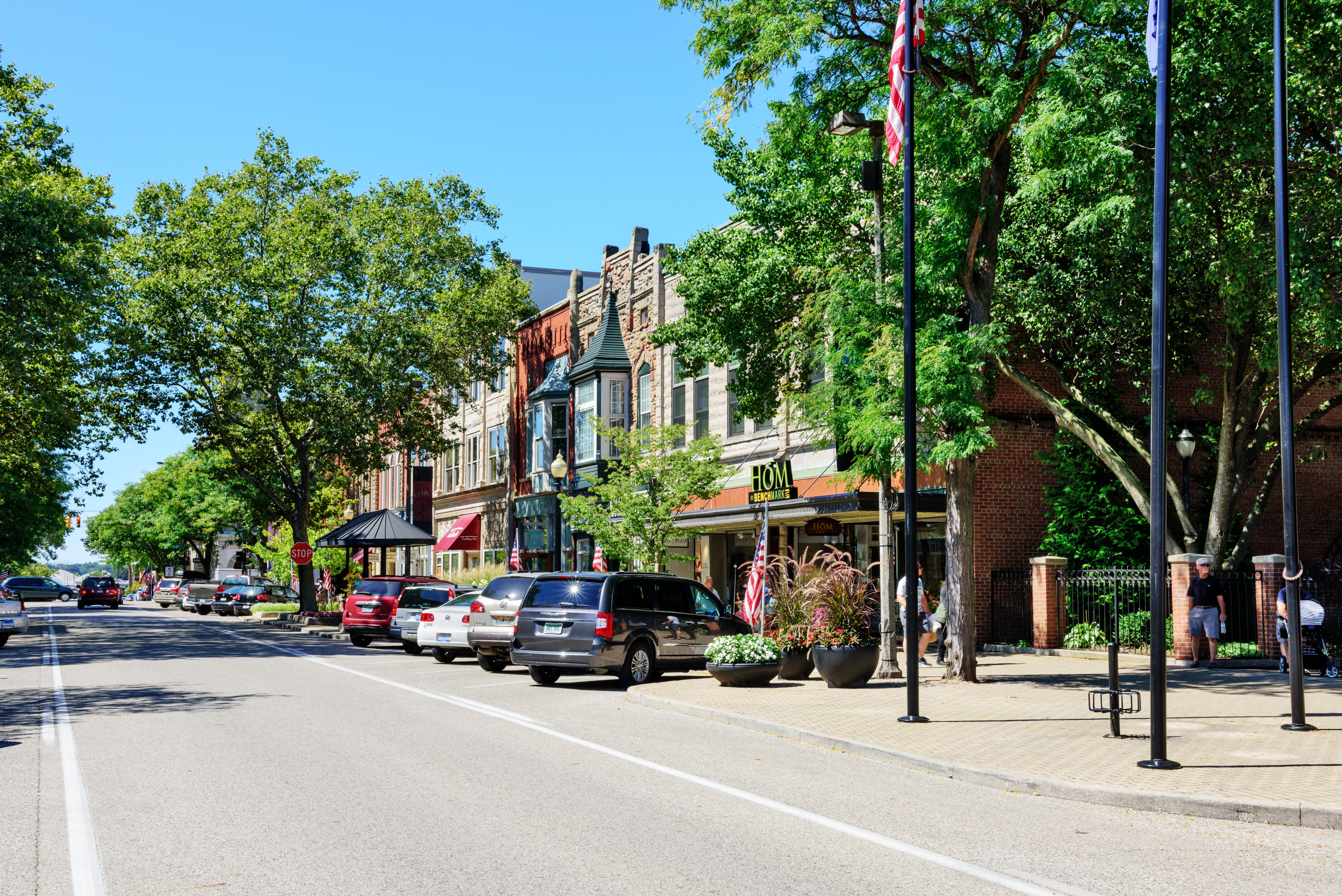 A engaged  thoroughfare  with parked cars and radical   walking connected  the sidewalk, lined with section  shops and trees