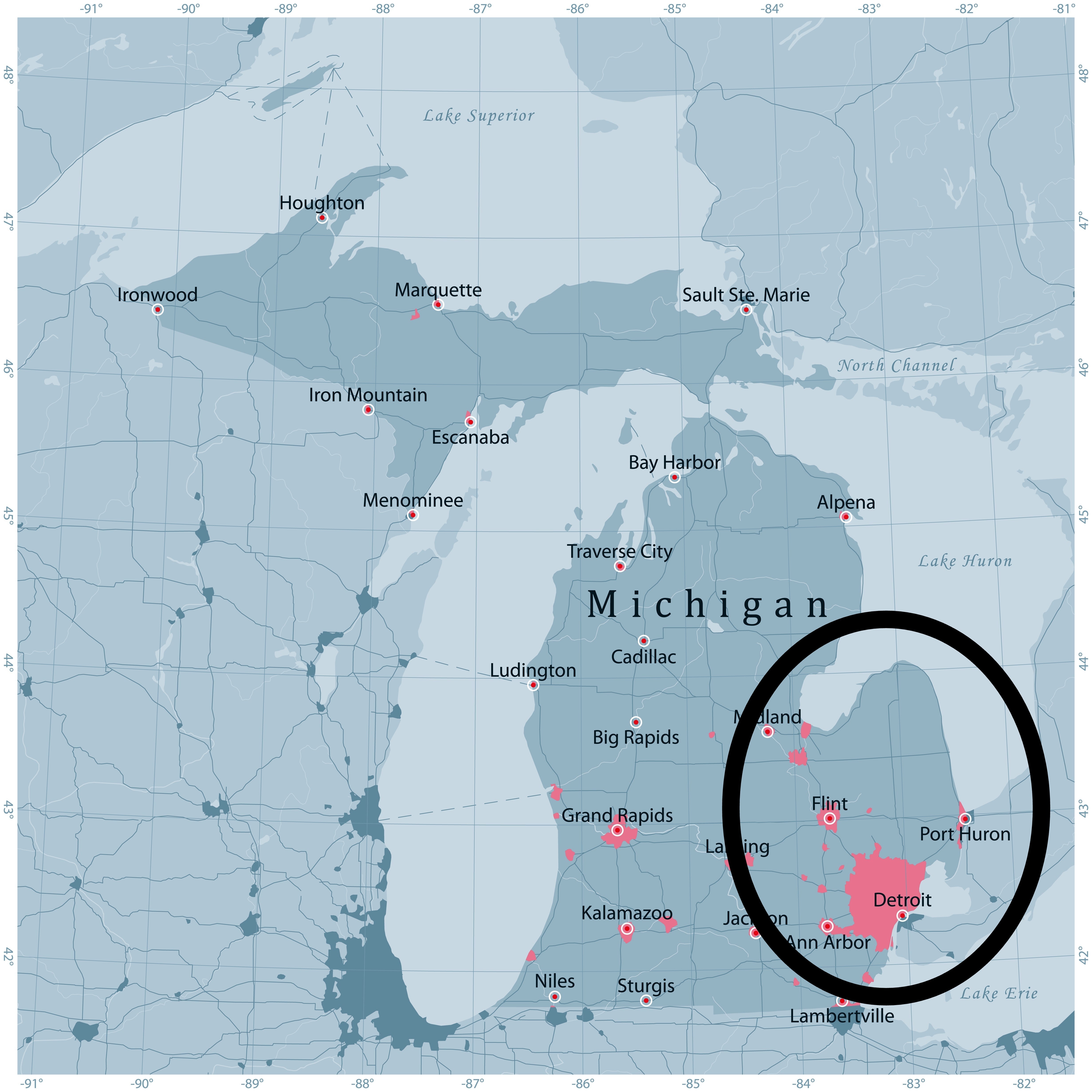 Map of Michigan showing large   cities, including Detroit, Grand Rapids, and Lansing. Lakes and surrounding areas are visible
