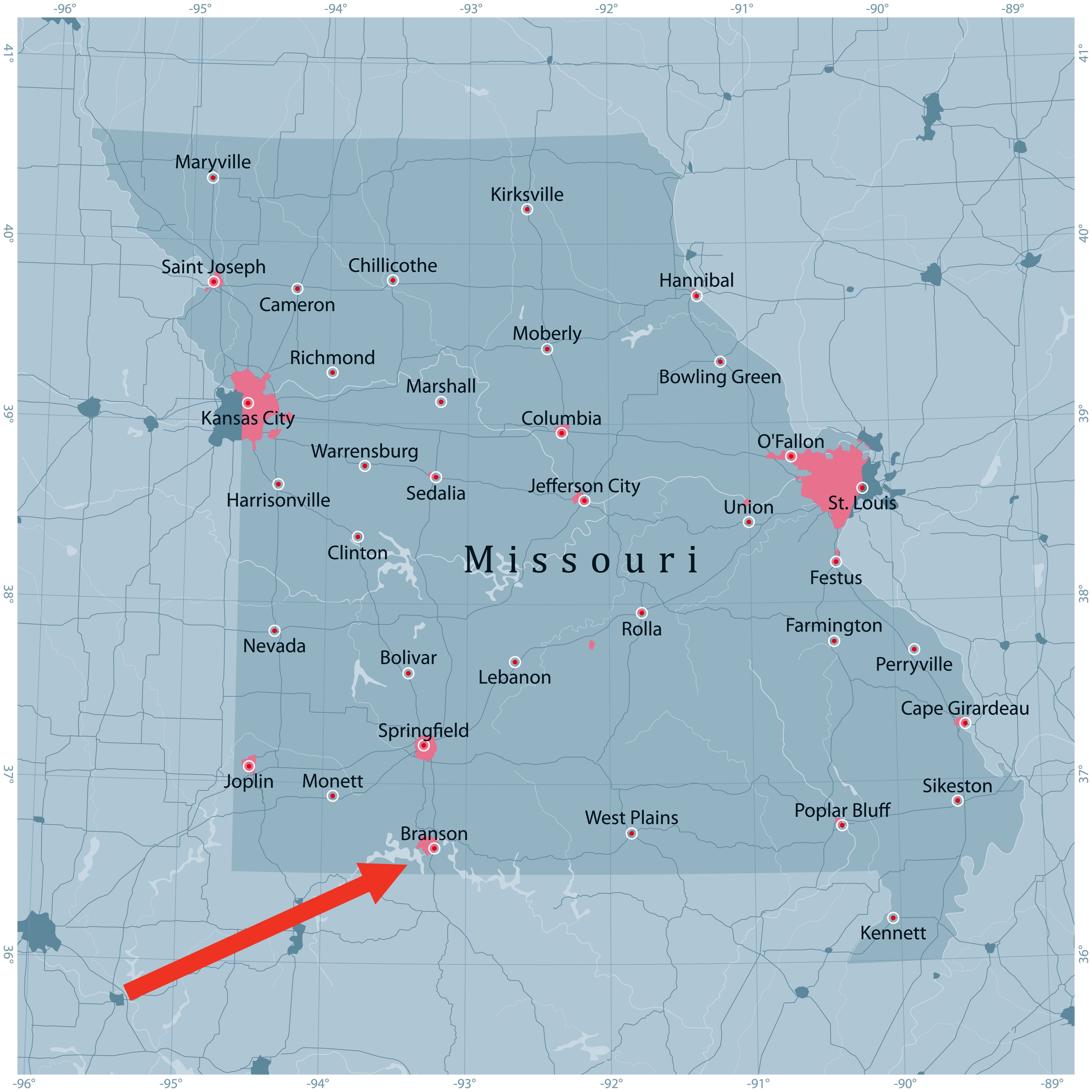 Map of Missouri showing large   cities specified  arsenic  St. Louis, Kansas City, Springfield, and others, with geographic borders and highways