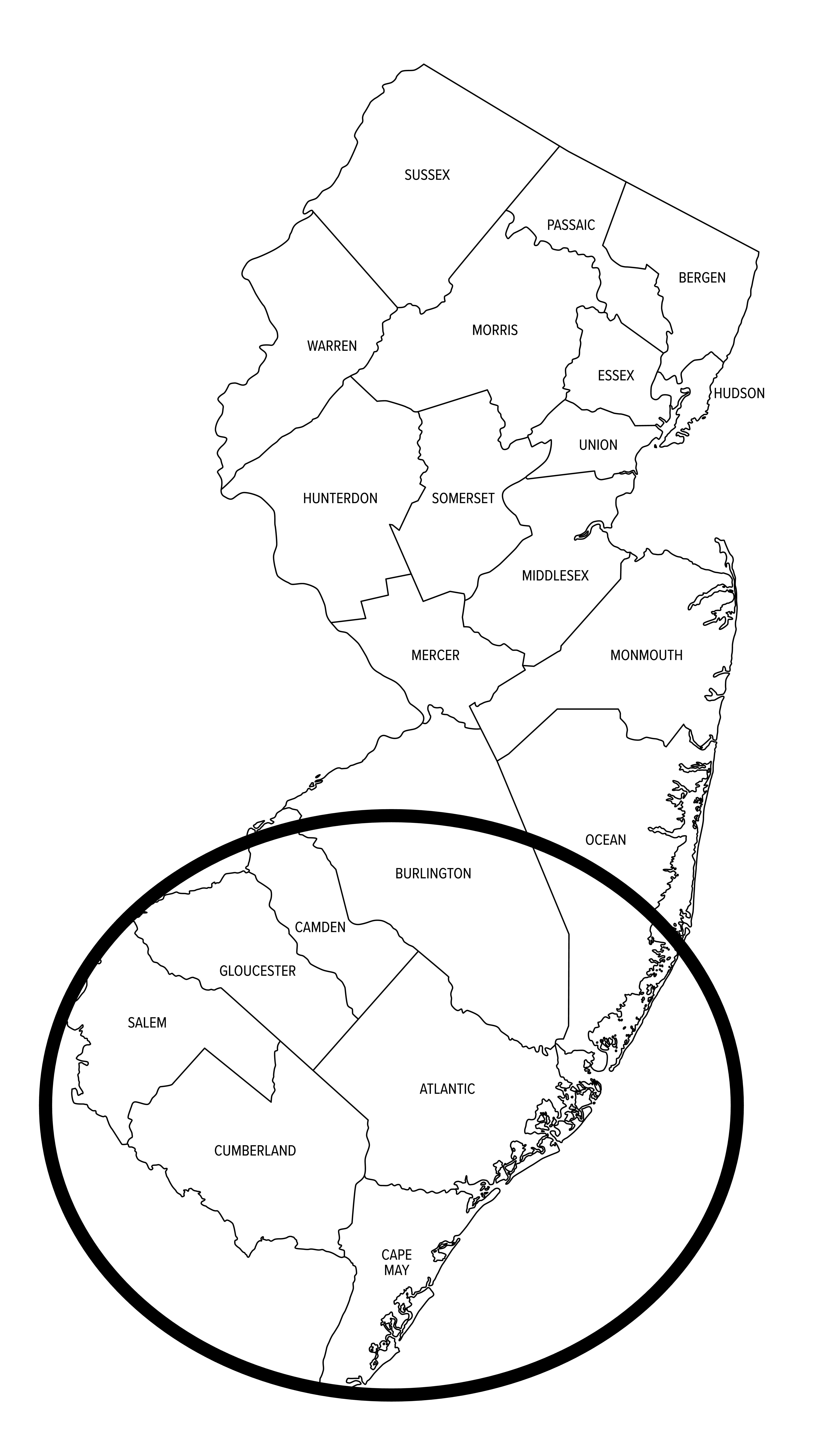 Map of New Jersey showing region  boundaries with names labeled