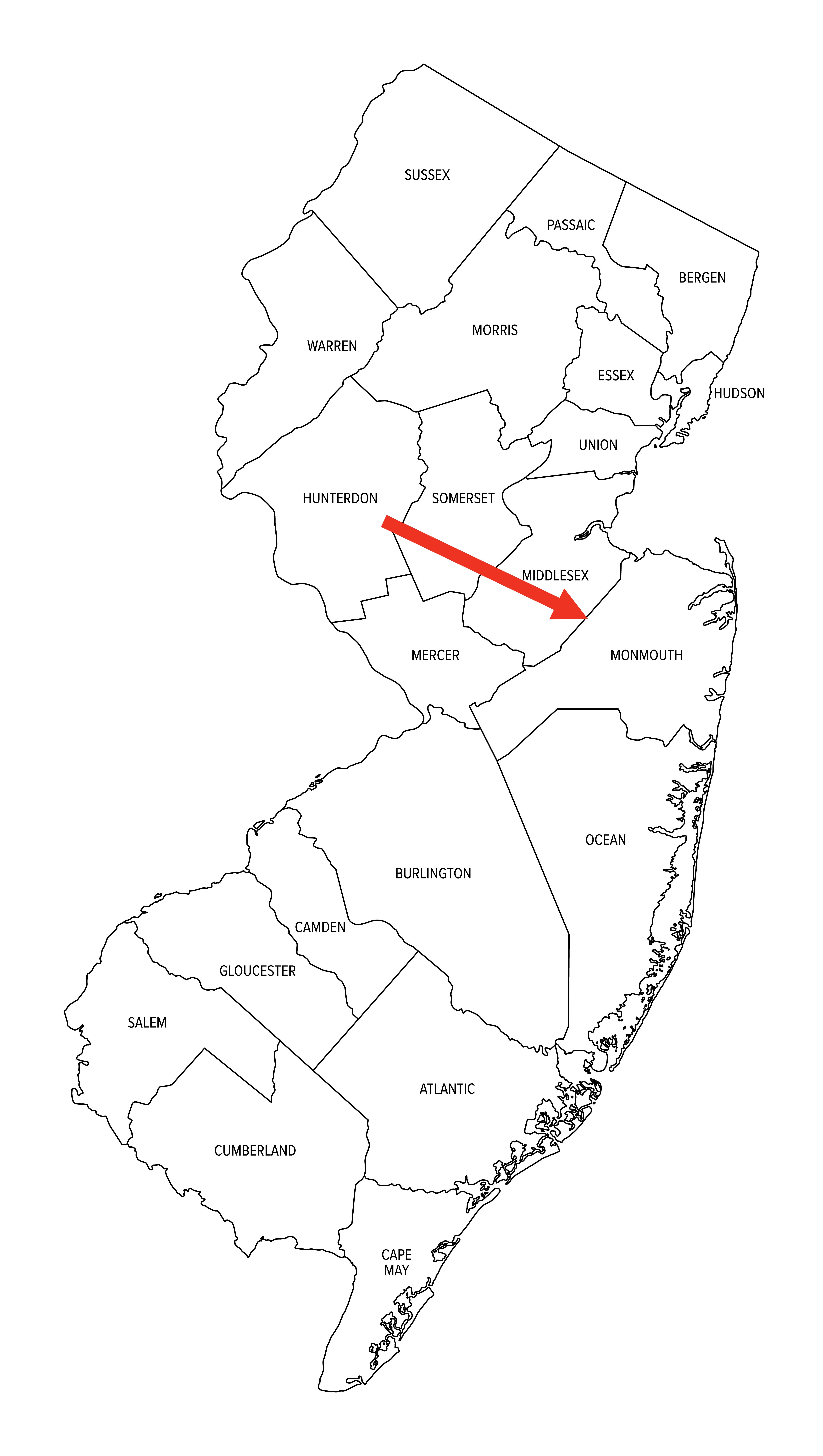 Map of New Jersey counties with borders outlined, showing names of each   county
